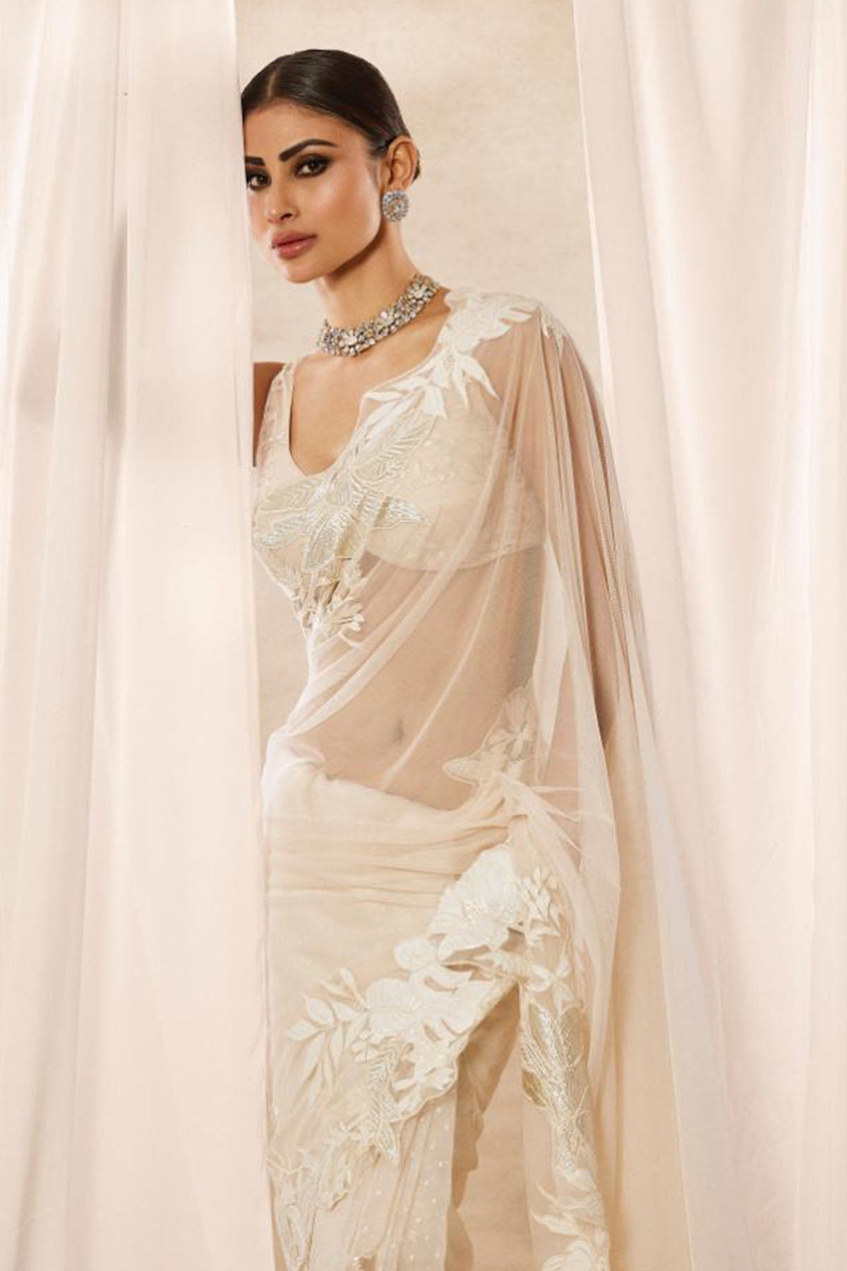 Women's Ivory Embroidered Net Saree