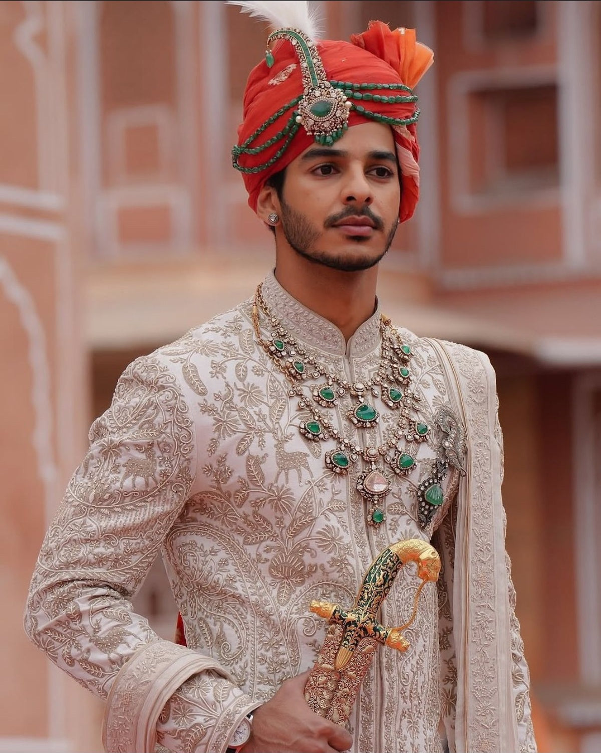 Ishaan Khatter in Ivory Resham Embroidered Rohit Bal Sherwani