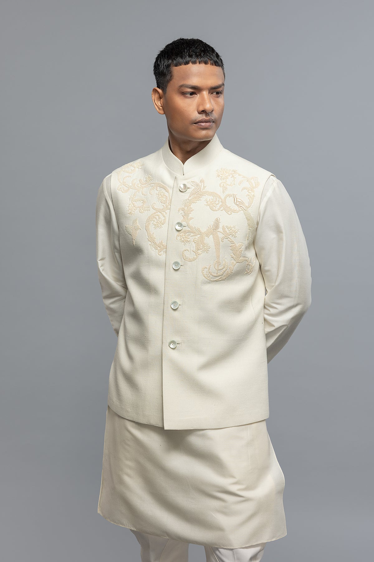 Men's Ivory Matka Silk Bundi with Resham Embroidery