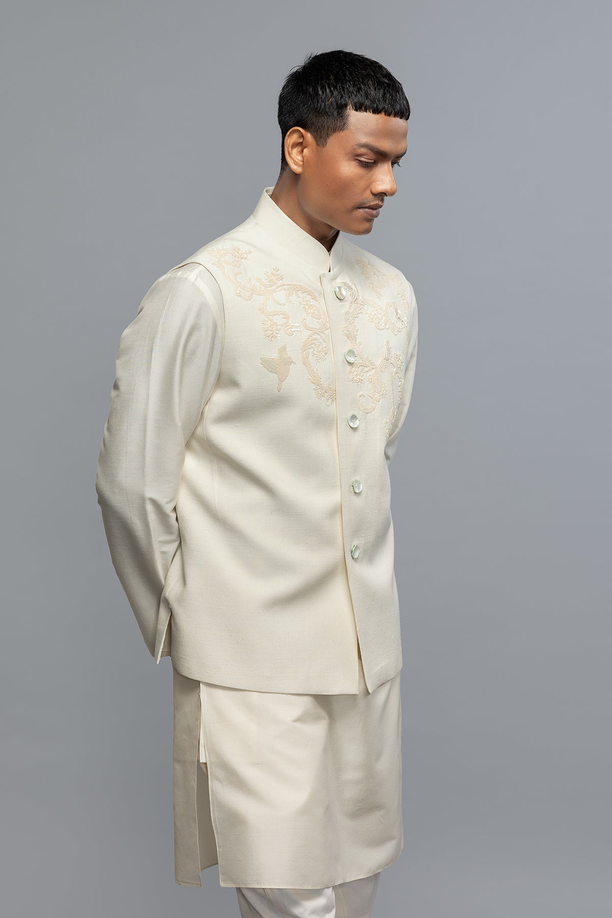 Men's Ivory Matka Silk Bundi with Resham Embroidery