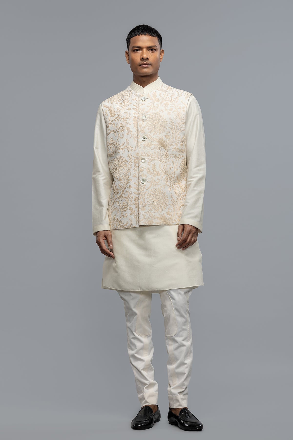 Men's Ivory Matka Silk Bundi with Resham Embroidery
