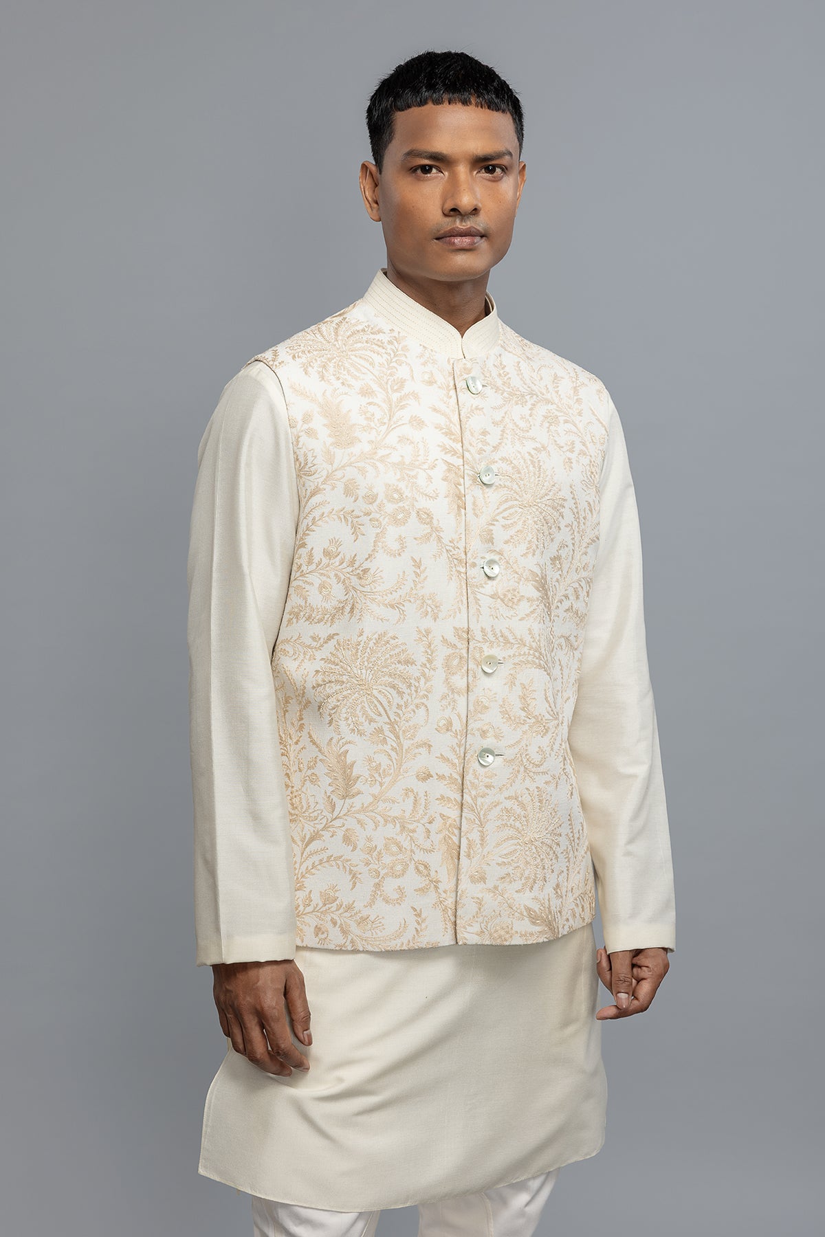 Men's Ivory Matka Silk Bundi with Resham Embroidery