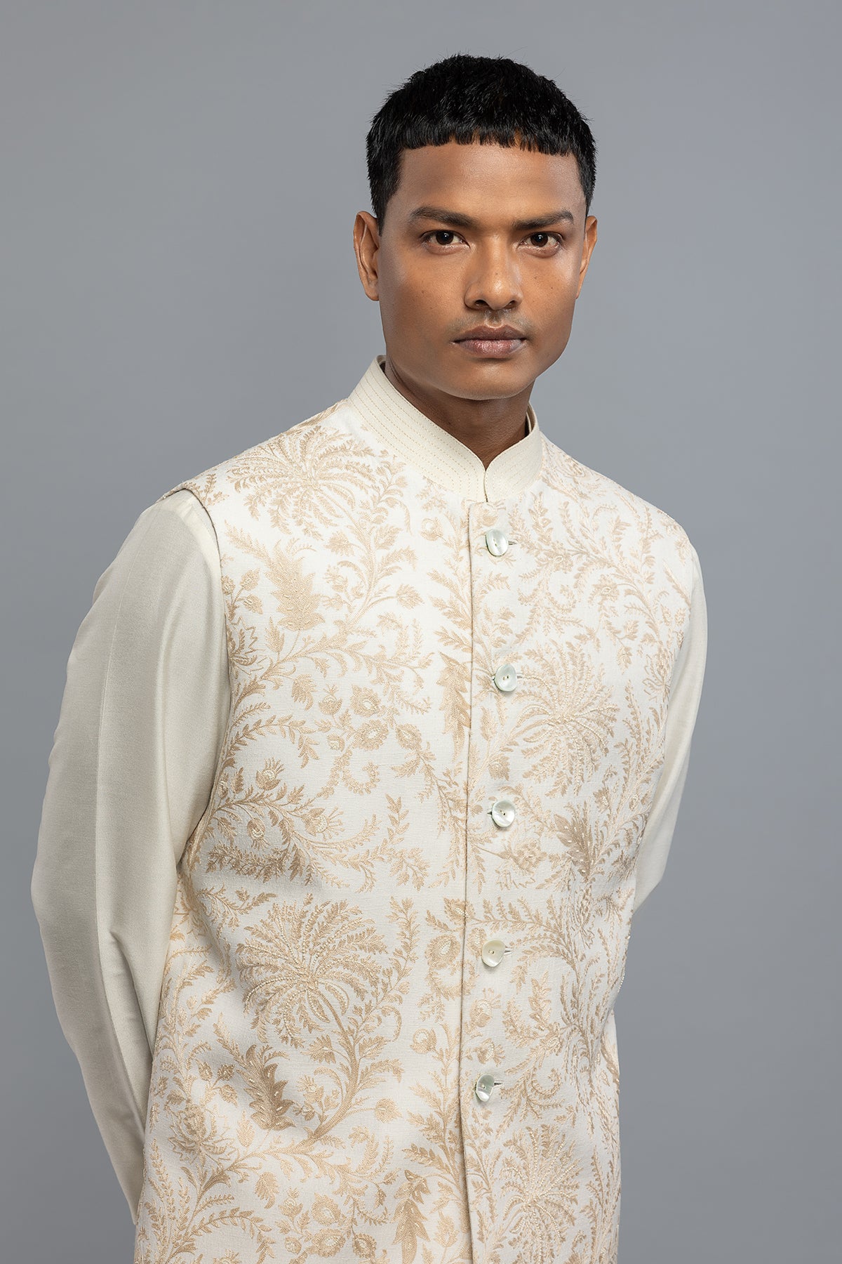 Men's Ivory Matka Silk Bundi with Resham Embroidery
