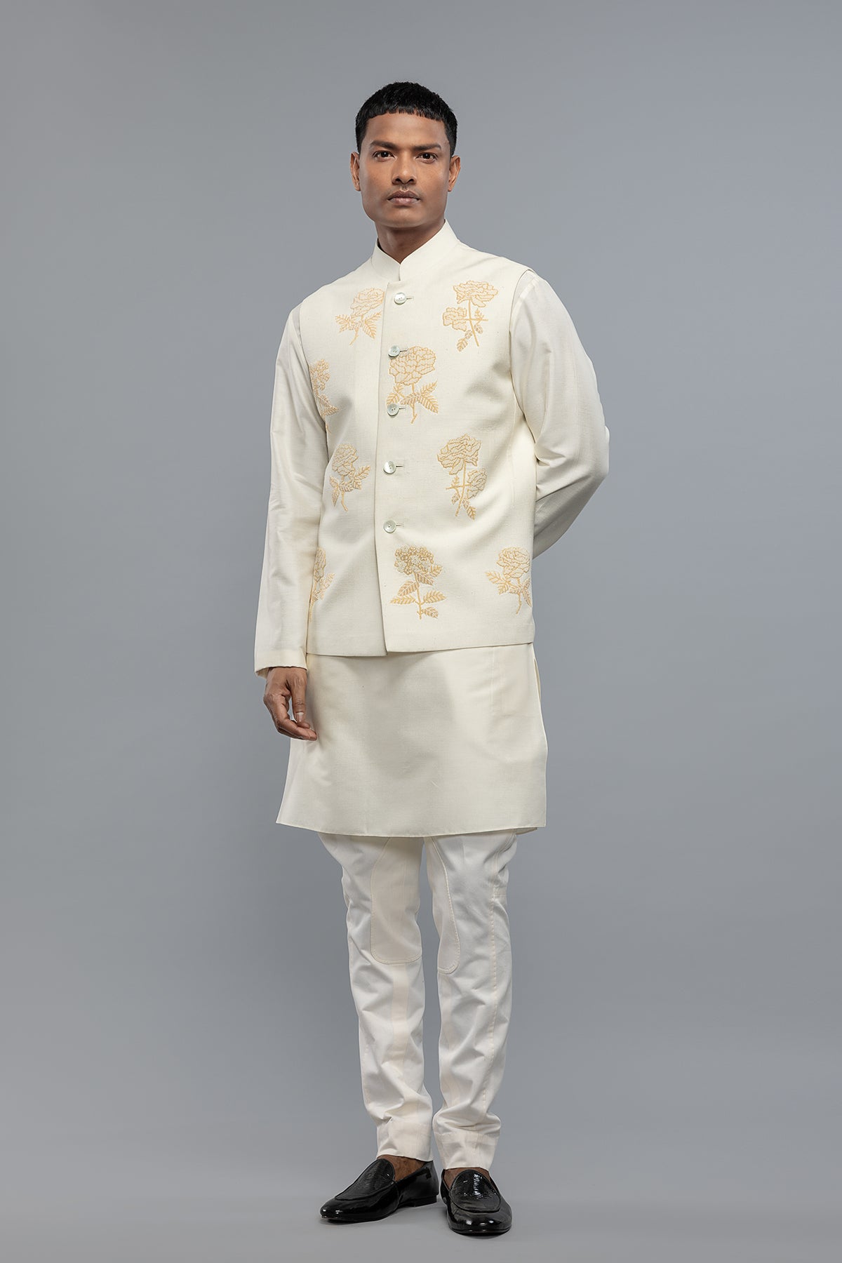 Men's Ivory Matka Silk Bundi with Resham Embroidery
