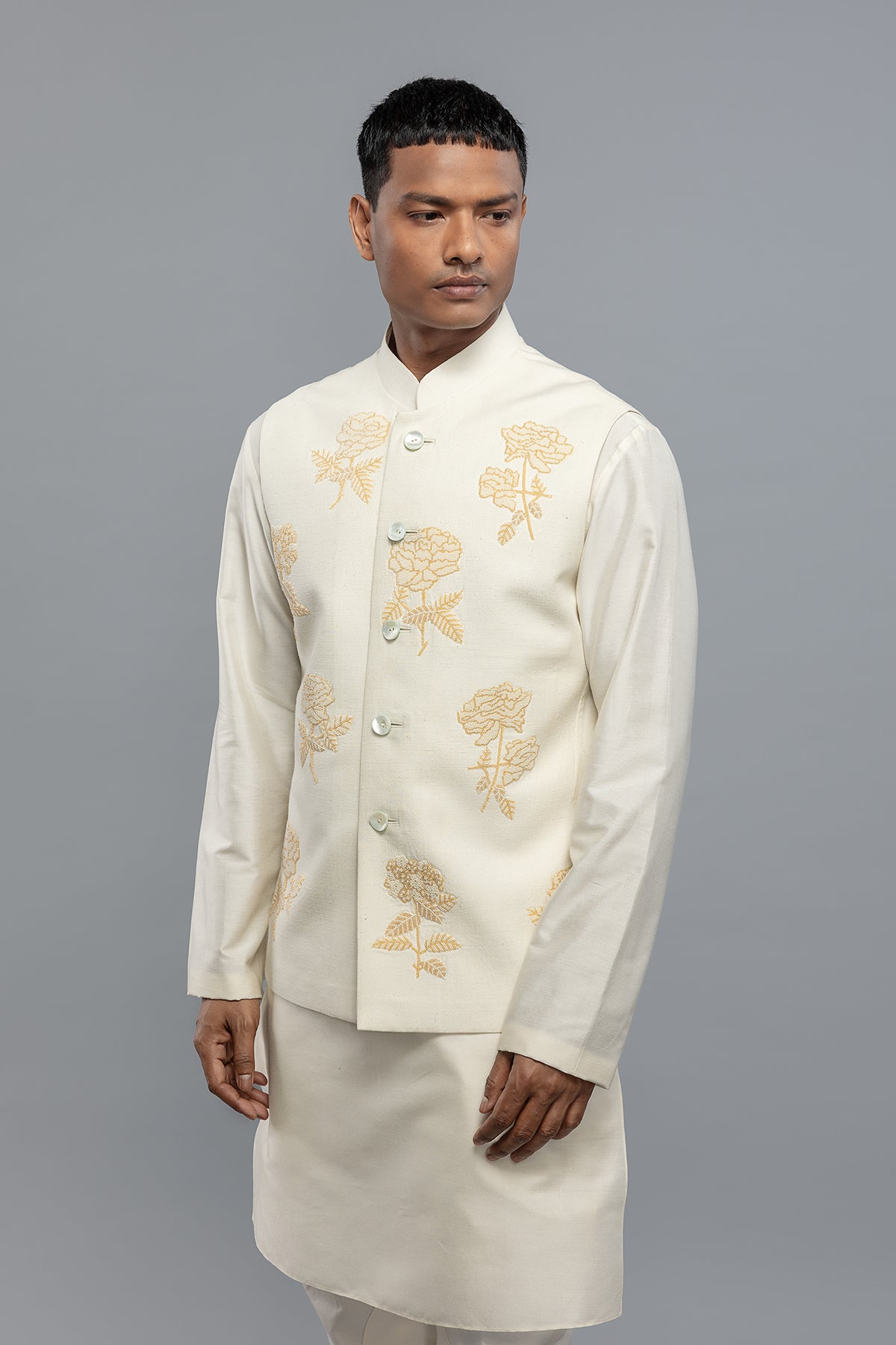 Men's Ivory Matka Silk Bundi with Resham Embroidery