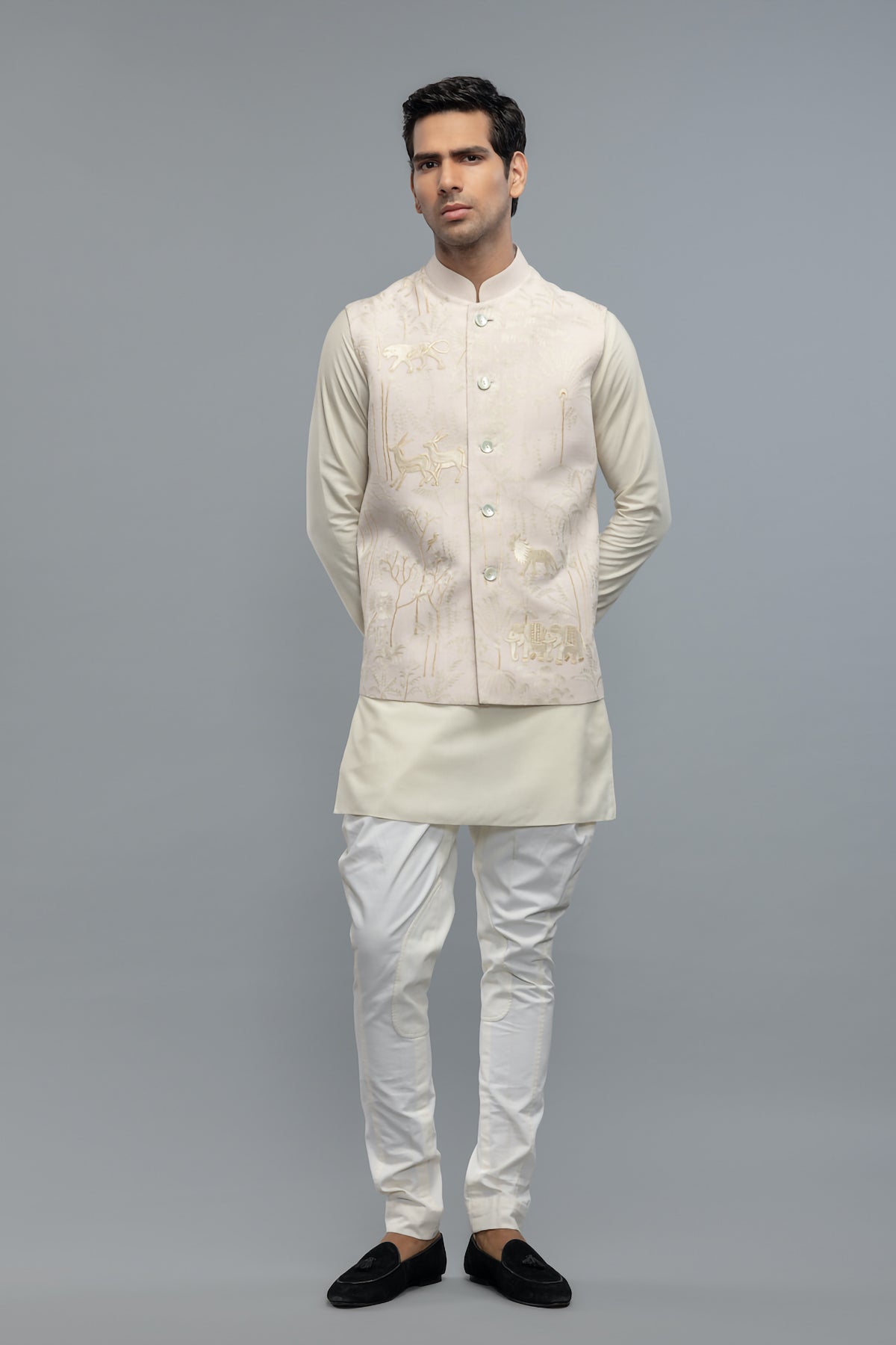 Men's Ivory Matka Silk Bundi with Resham Embroidery