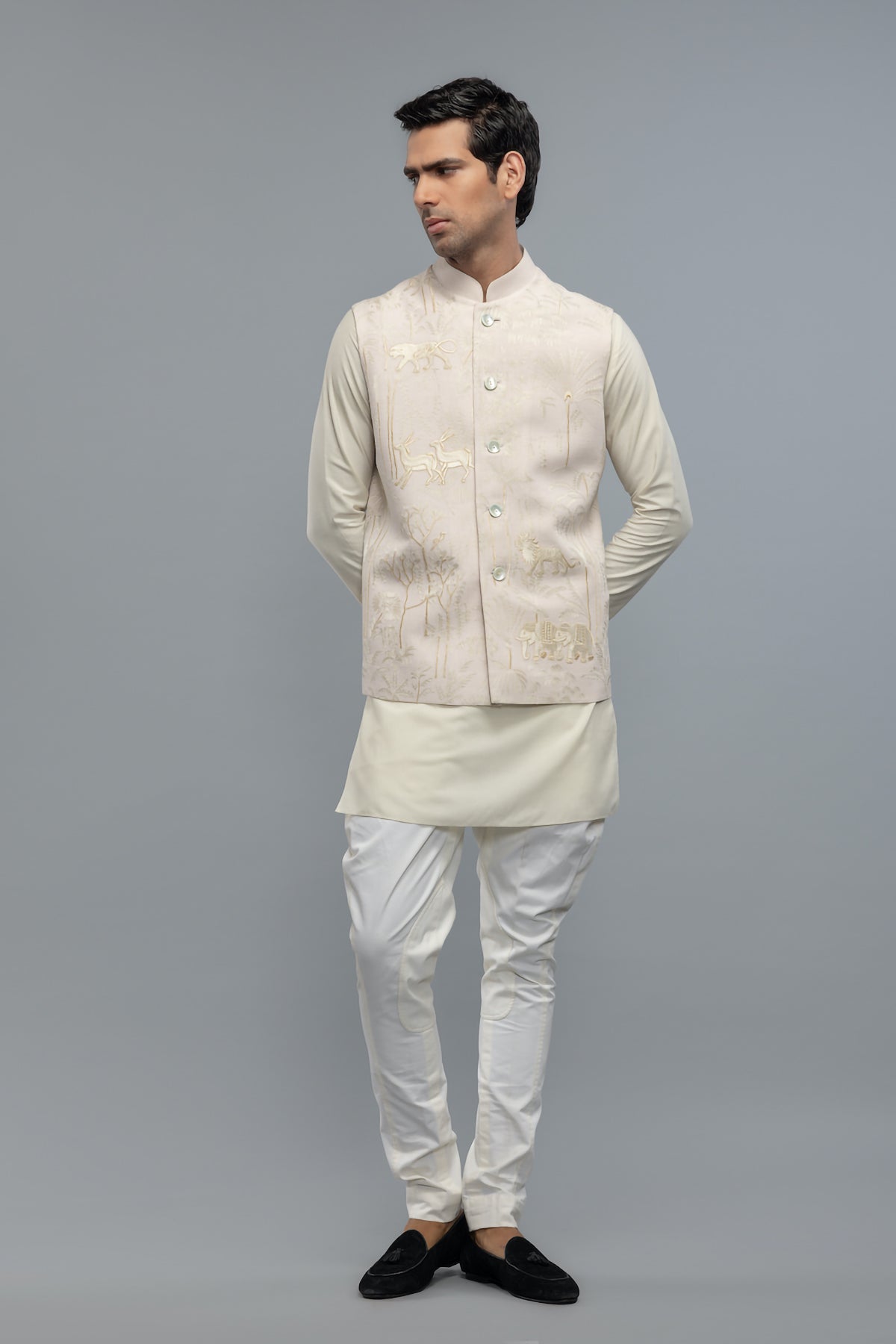 Men's Ivory Matka Silk Bundi with Resham Embroidery