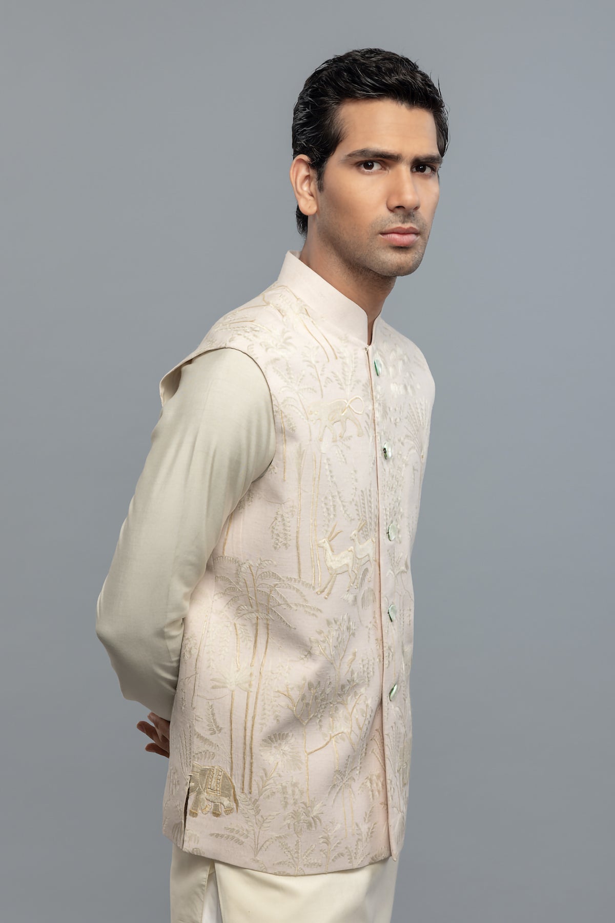 Men's Ivory Matka Silk Bundi with Resham Embroidery