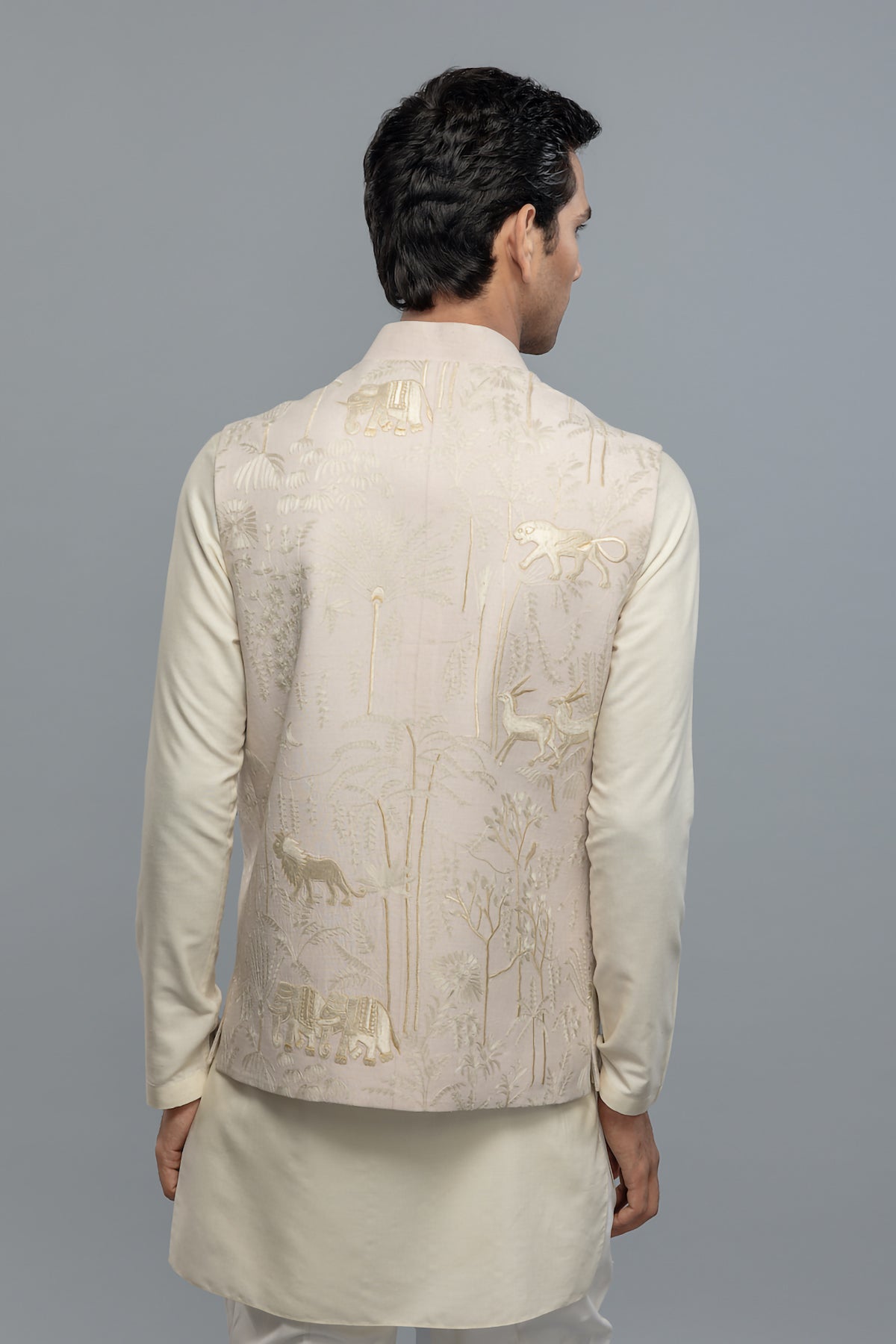 Men's Ivory Matka Silk Bundi with Resham Embroidery