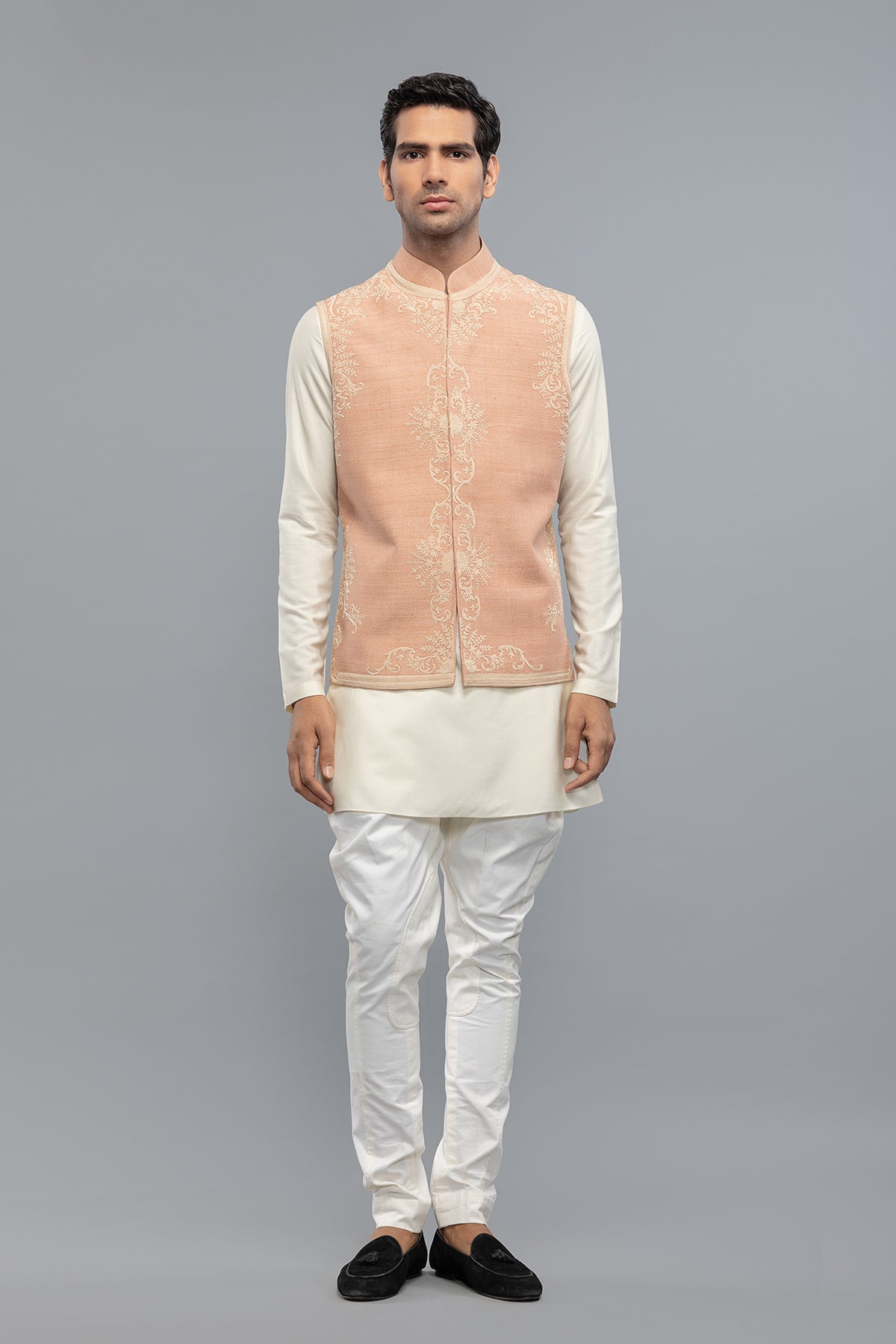 Men's Ivory Matka Silk Bundi with Resham Embroidery