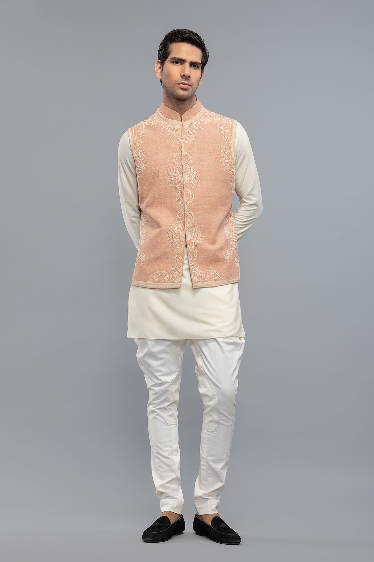 Men's Ivory Matka Silk Bundi with Resham Embroidery