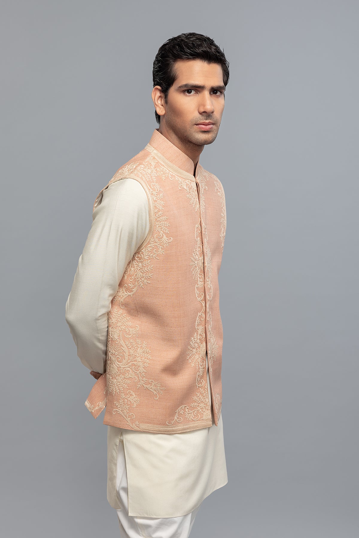 Men's Ivory Matka Silk Bundi with Resham Embroidery
