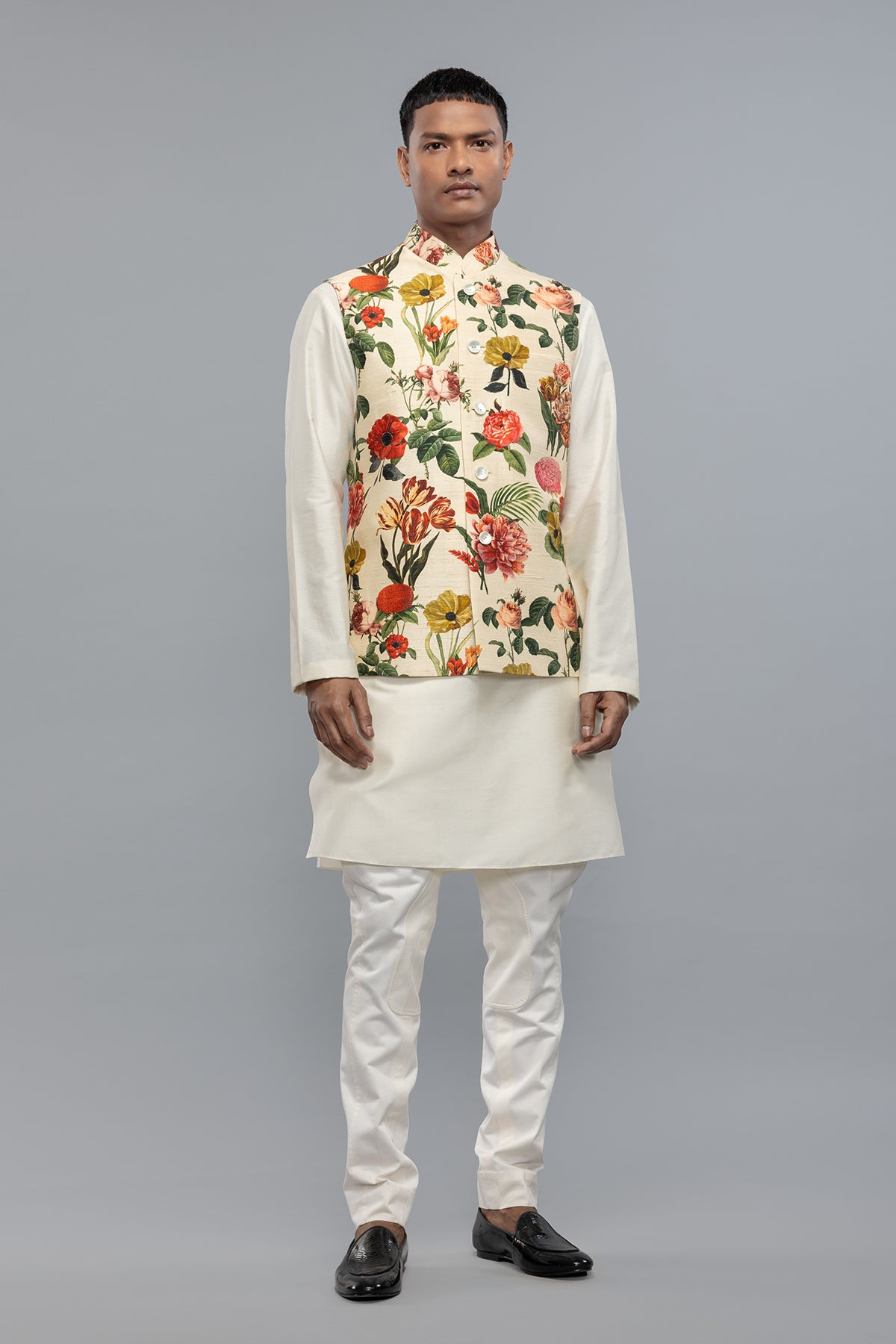 Men's Floral Printed Bundi in Dupion Silk