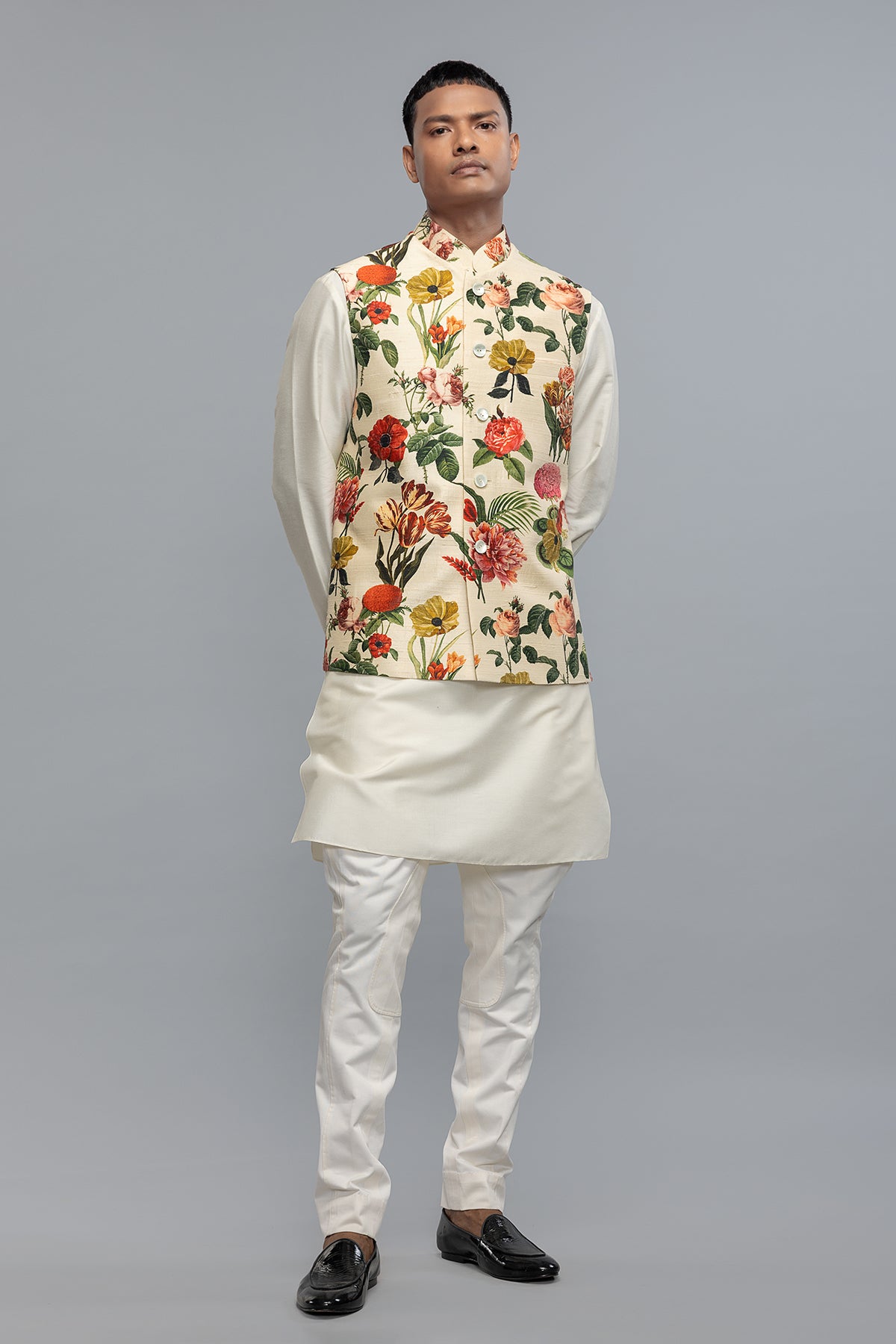 Men's Floral Printed Bundi in Dupion Silk