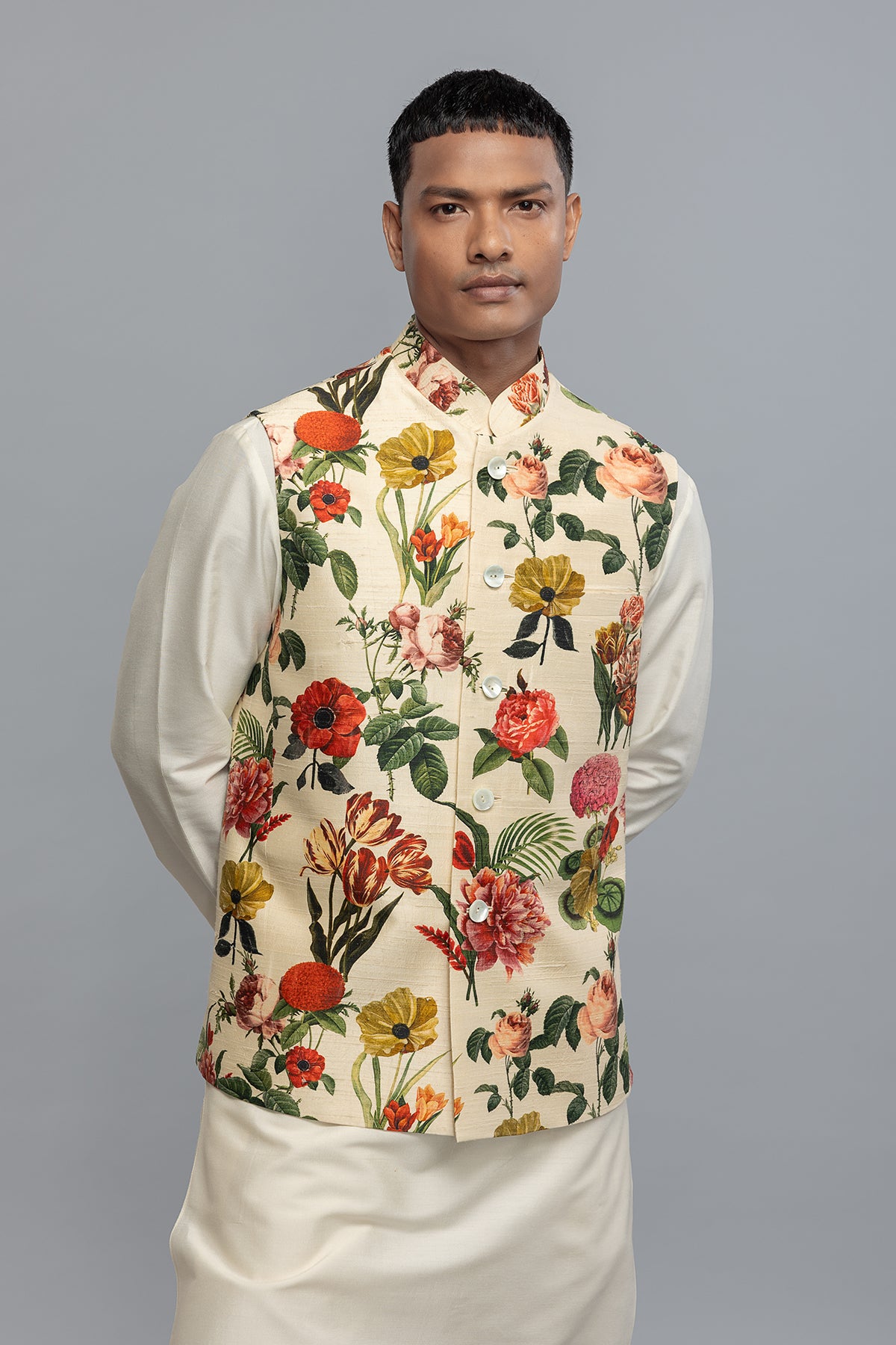Men's Floral Printed Bundi in Dupion Silk