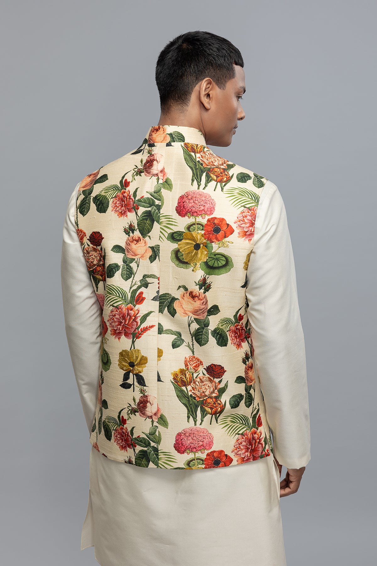 Men's Floral Printed Bundi in Dupion Silk