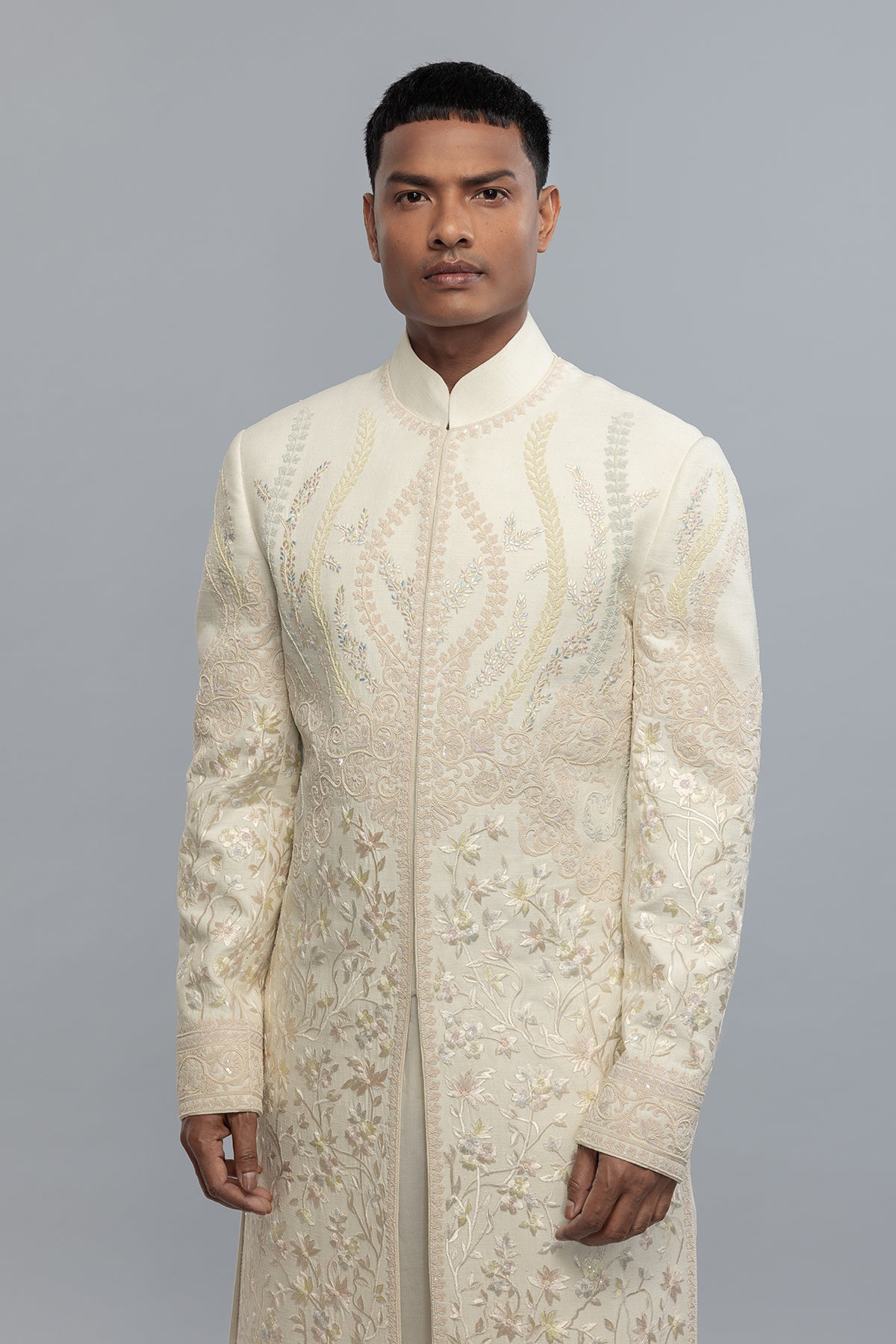 Men's Ivory Matka Silk Sherwani with Embroidery