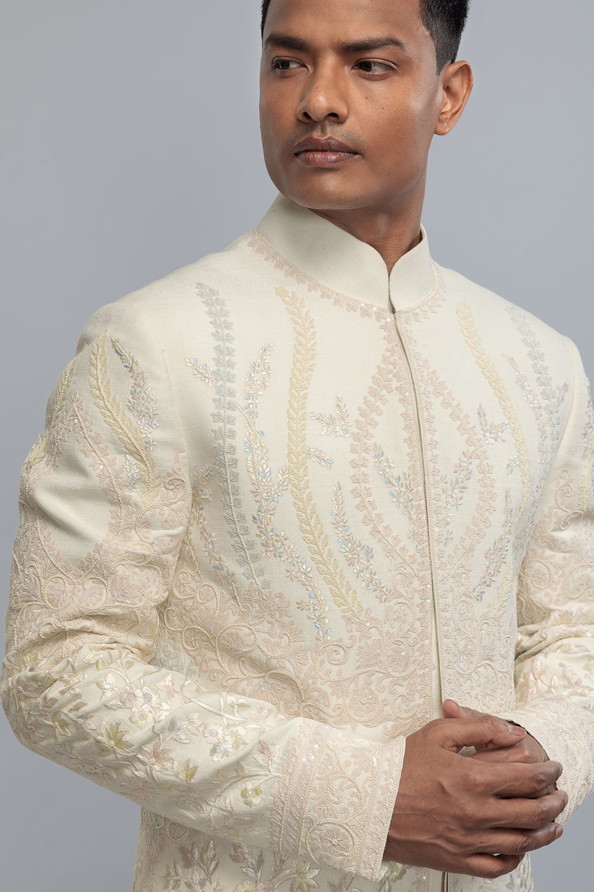 Men's Ivory Matka Silk Sherwani with Embroidery