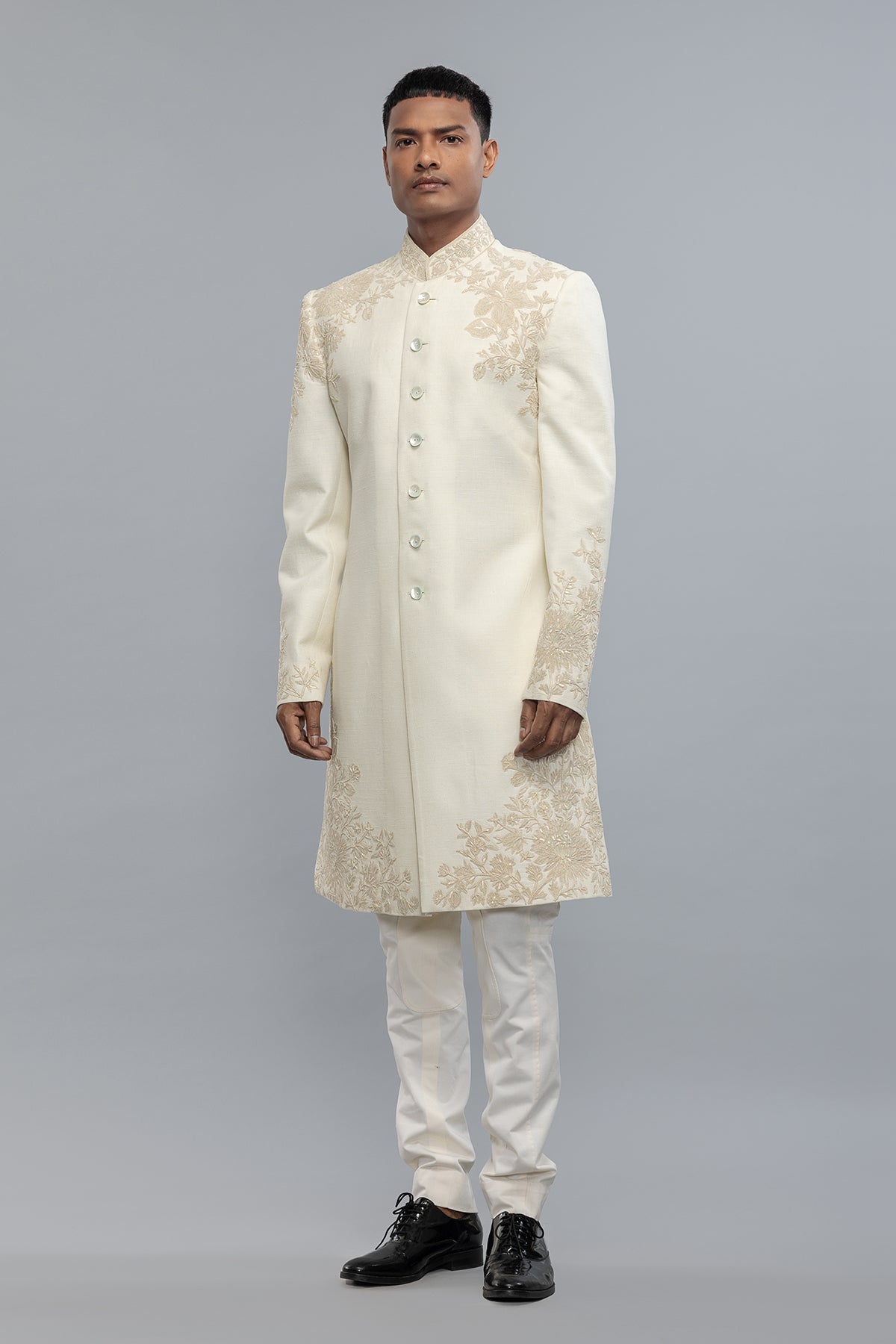 Men's Ivory Sherwani in Matka Silk with Hand Embroidery