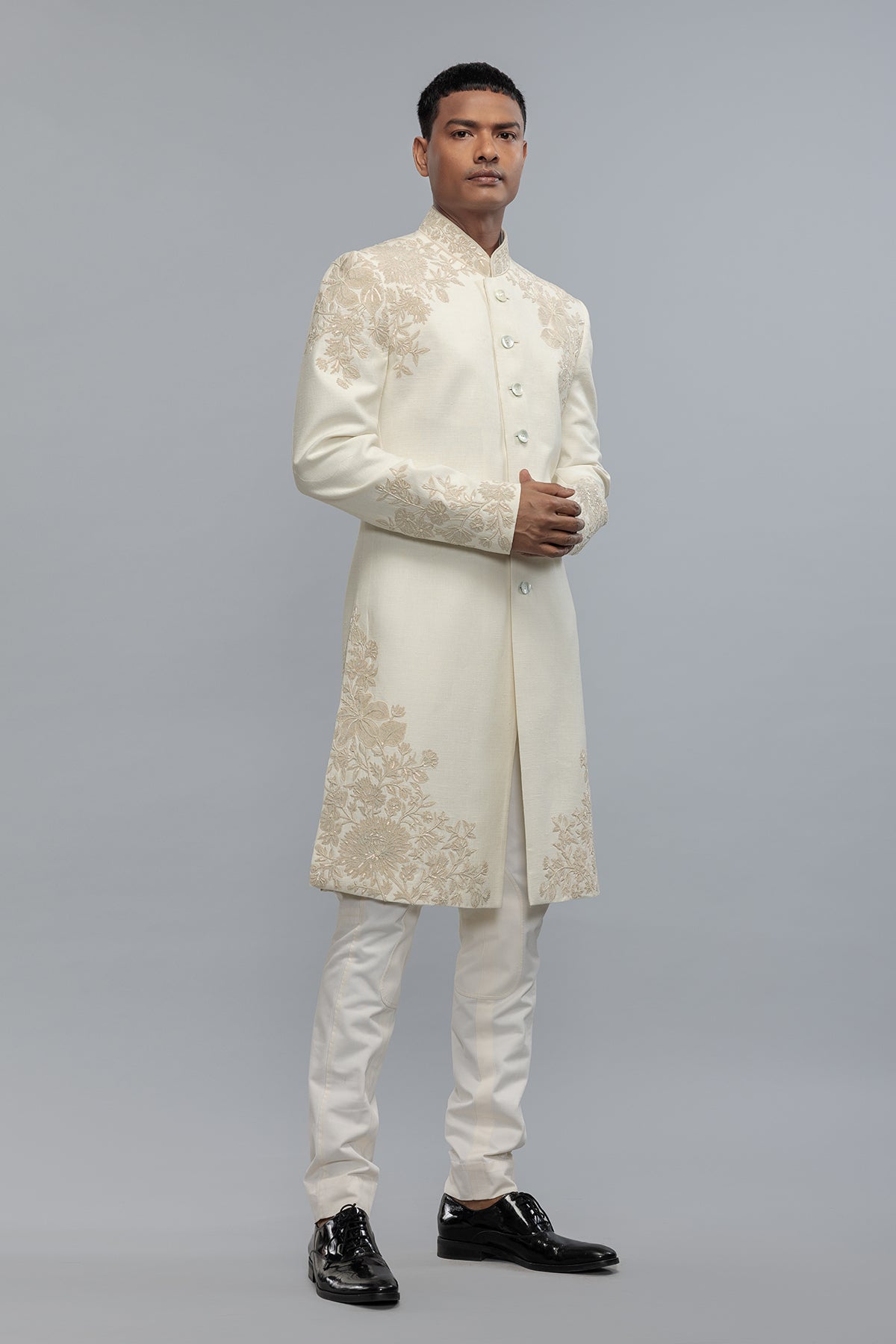 Men's Ivory Sherwani in Matka Silk with Hand Embroidery