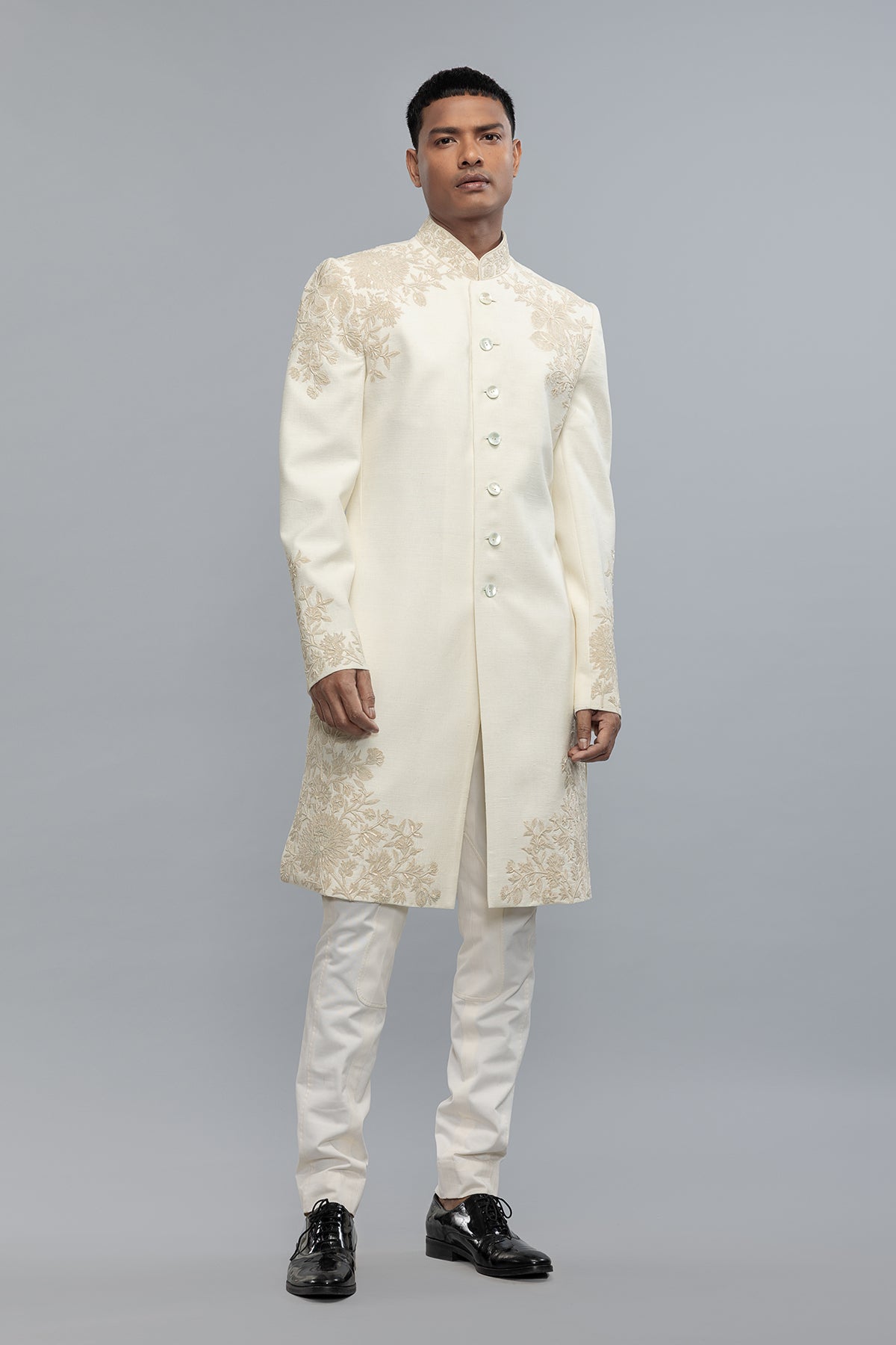Men's Ivory Sherwani in Matka Silk with Hand Embroidery