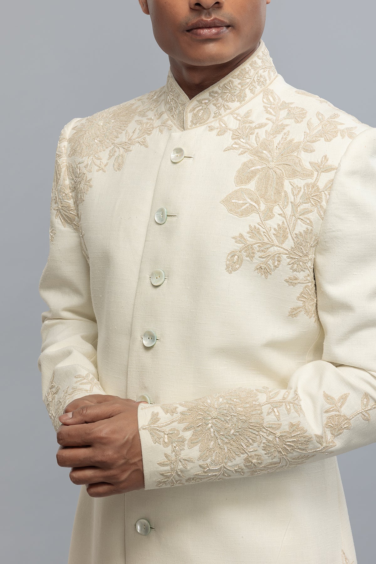 Men's Ivory Sherwani in Matka Silk with Hand Embroidery