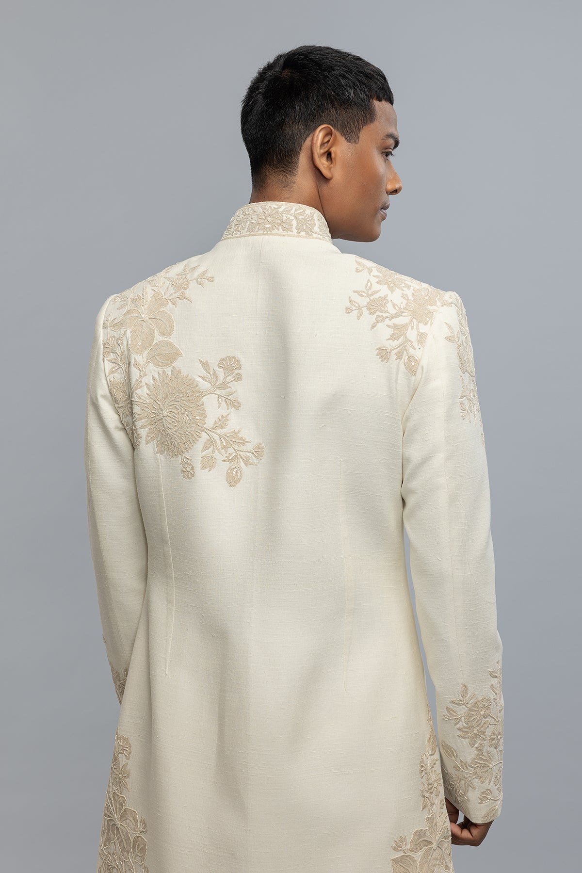 Men's Ivory Sherwani in Matka Silk with Hand Embroidery