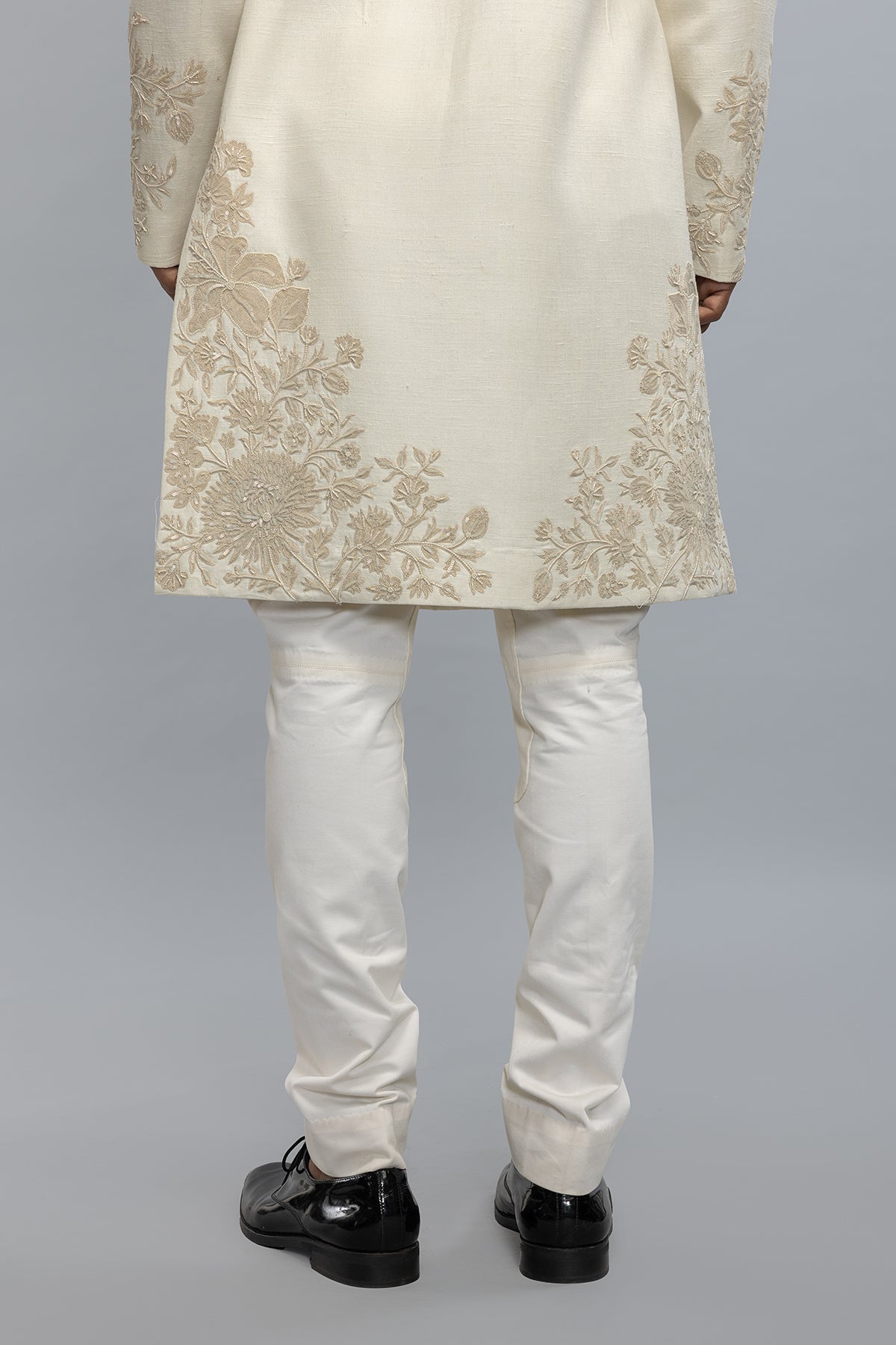 Men's Ivory Sherwani in Matka Silk with Hand Embroidery