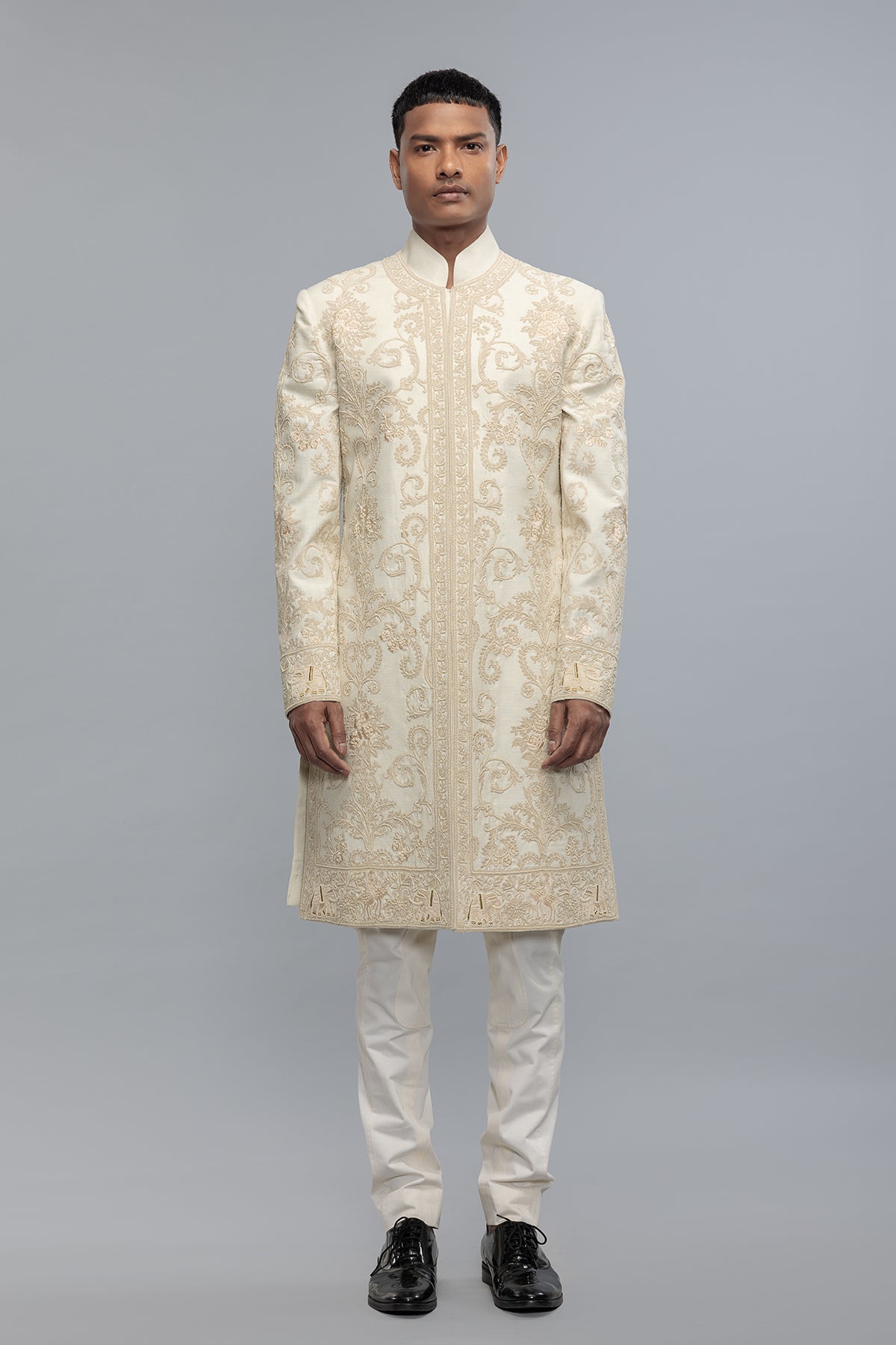 Men's Ivory Matka Silk Sherwani with Embroidery
