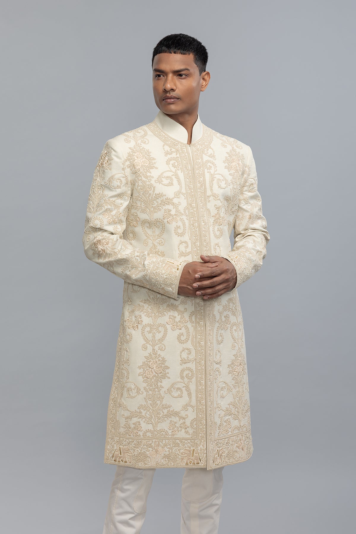Men's Ivory Matka Silk Sherwani with Embroidery
