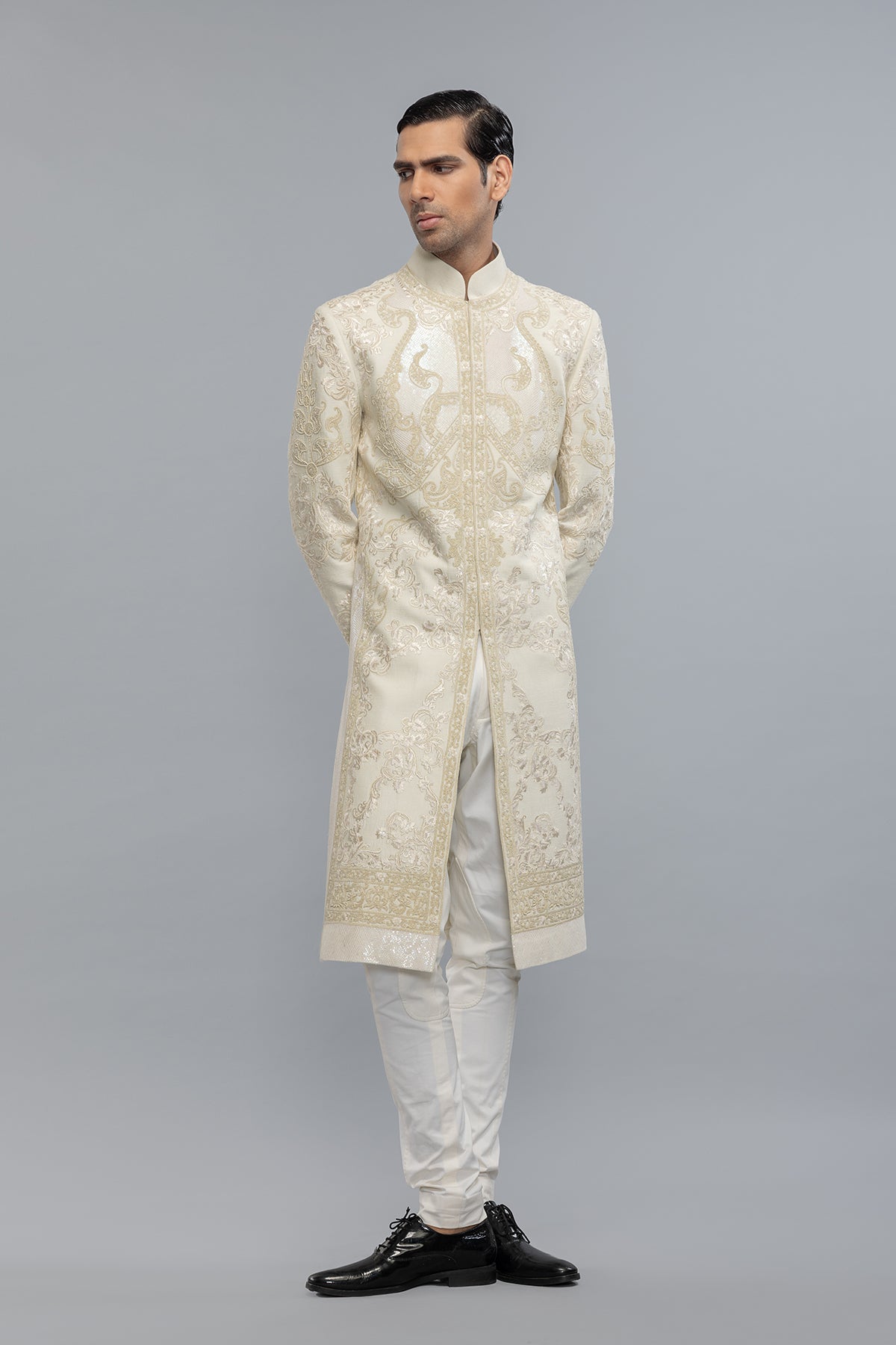 Men's Ivory Matka Silk Sherwani with Embroidery