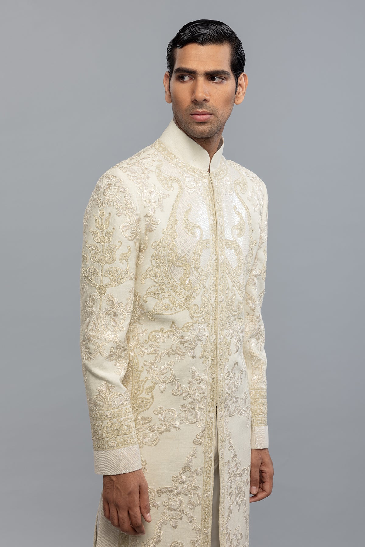 Men's Ivory Matka Silk Sherwani with Embroidery