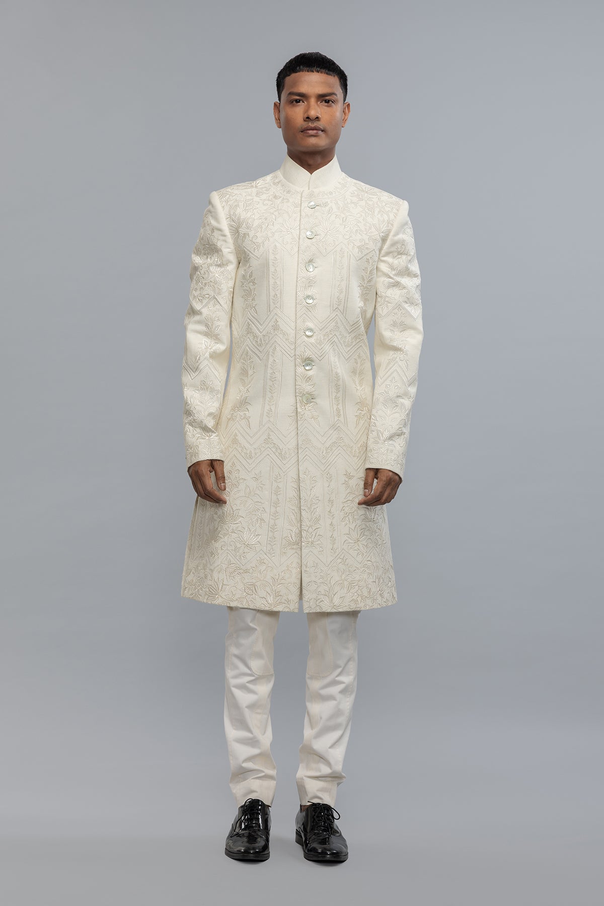Men's Ivory Matka Silk Sherwani with Embroidery