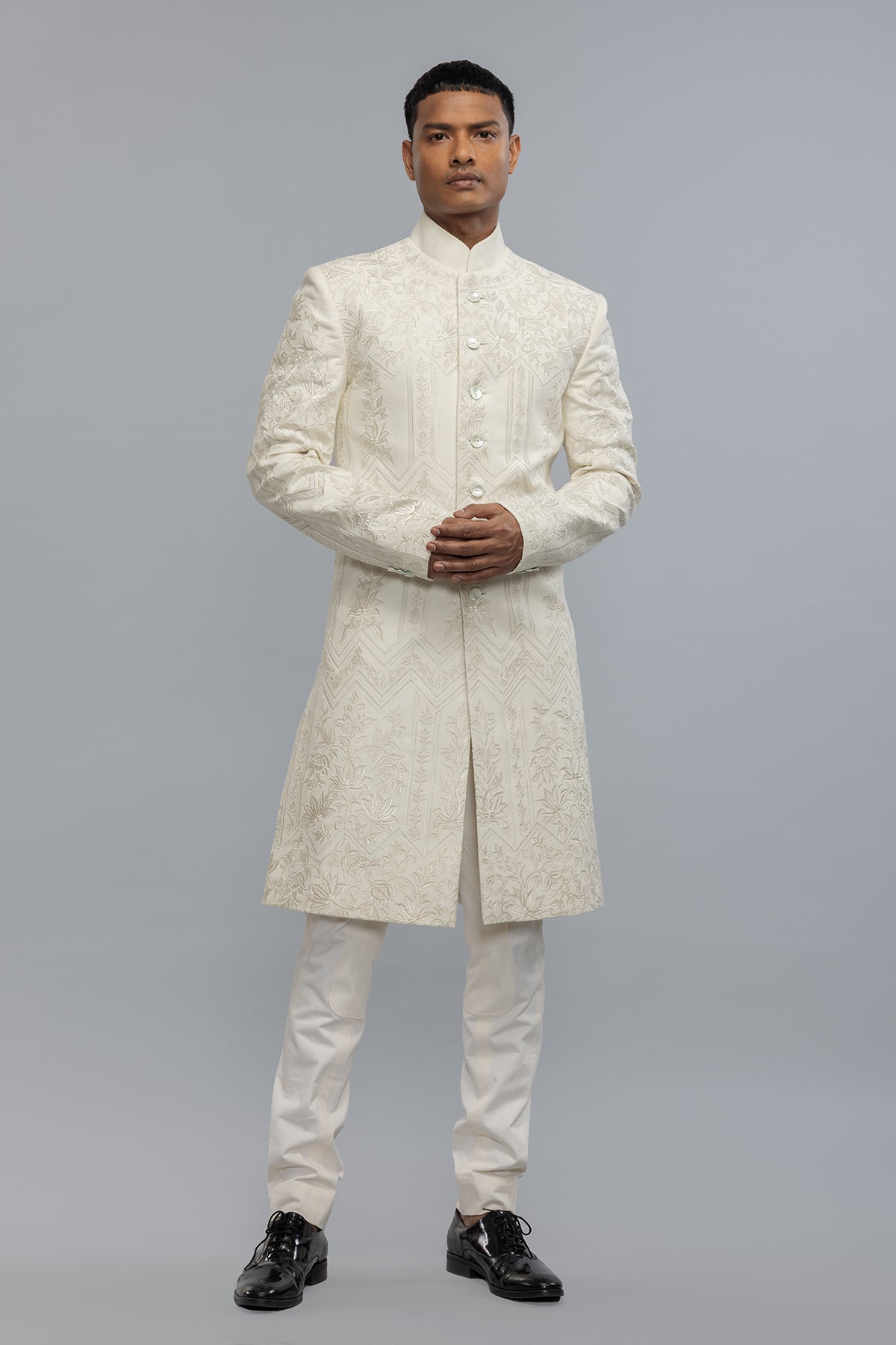 Men's Ivory Matka Silk Sherwani with Embroidery