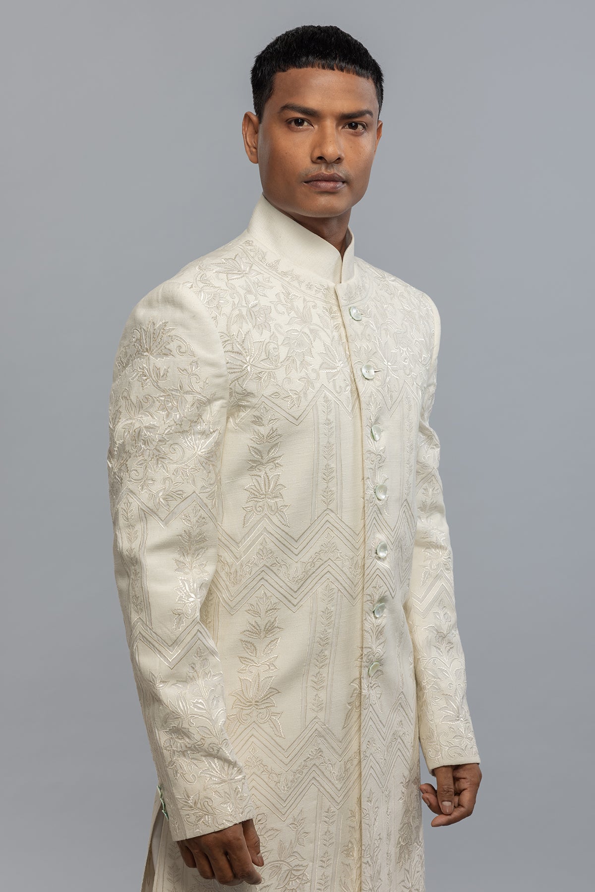 Men's Ivory Matka Silk Sherwani with Embroidery