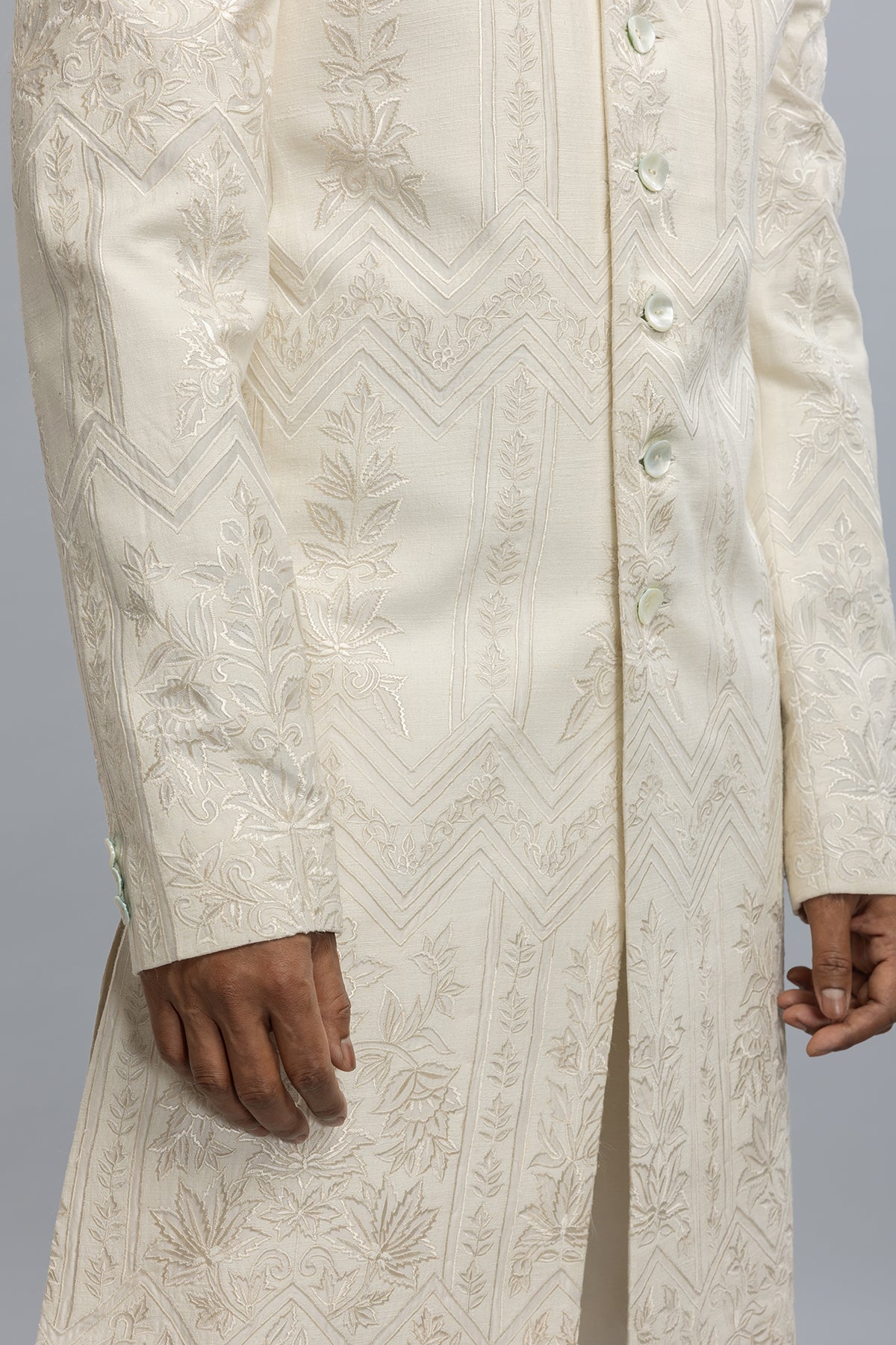 Men's Ivory Matka Silk Sherwani with Embroidery