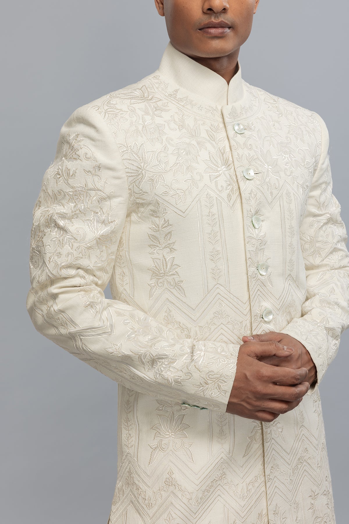 Men's Ivory Matka Silk Sherwani with Embroidery