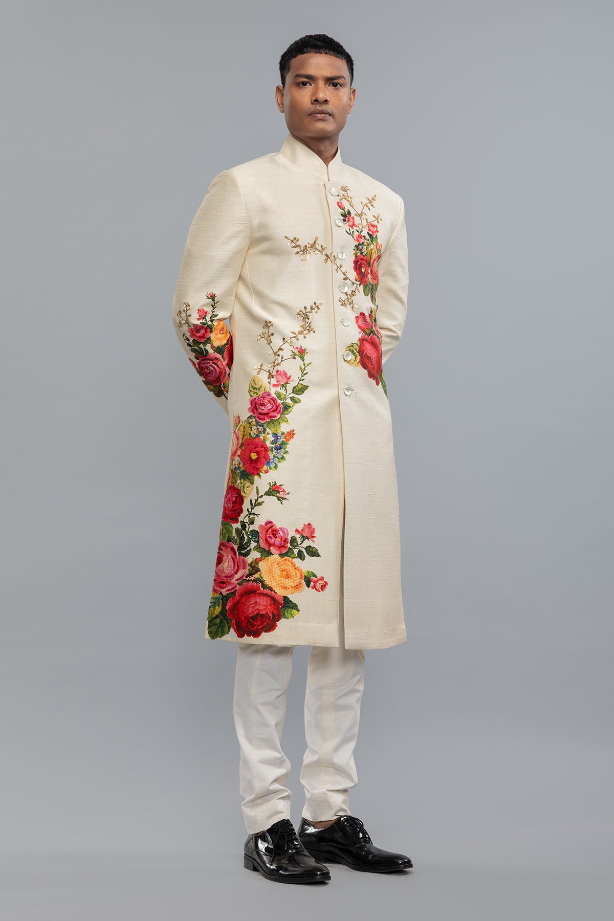 Men's  Ivory Matka Silk Sherwani with Floral Print & Embroidery