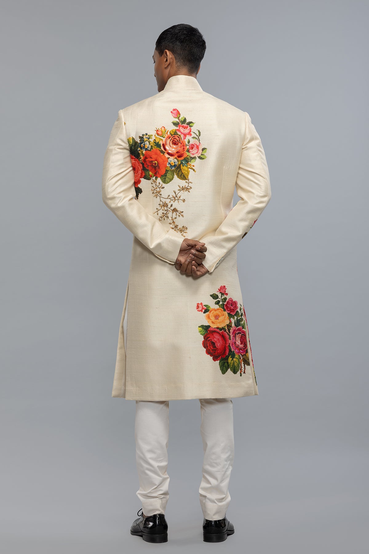 Men's  Ivory Matka Silk Sherwani with Floral Print & Embroidery