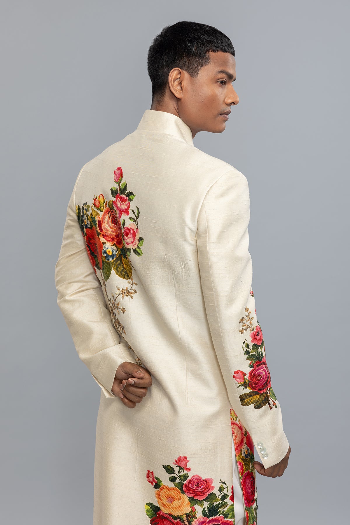 Men's  Ivory Matka Silk Sherwani with Floral Print & Embroidery