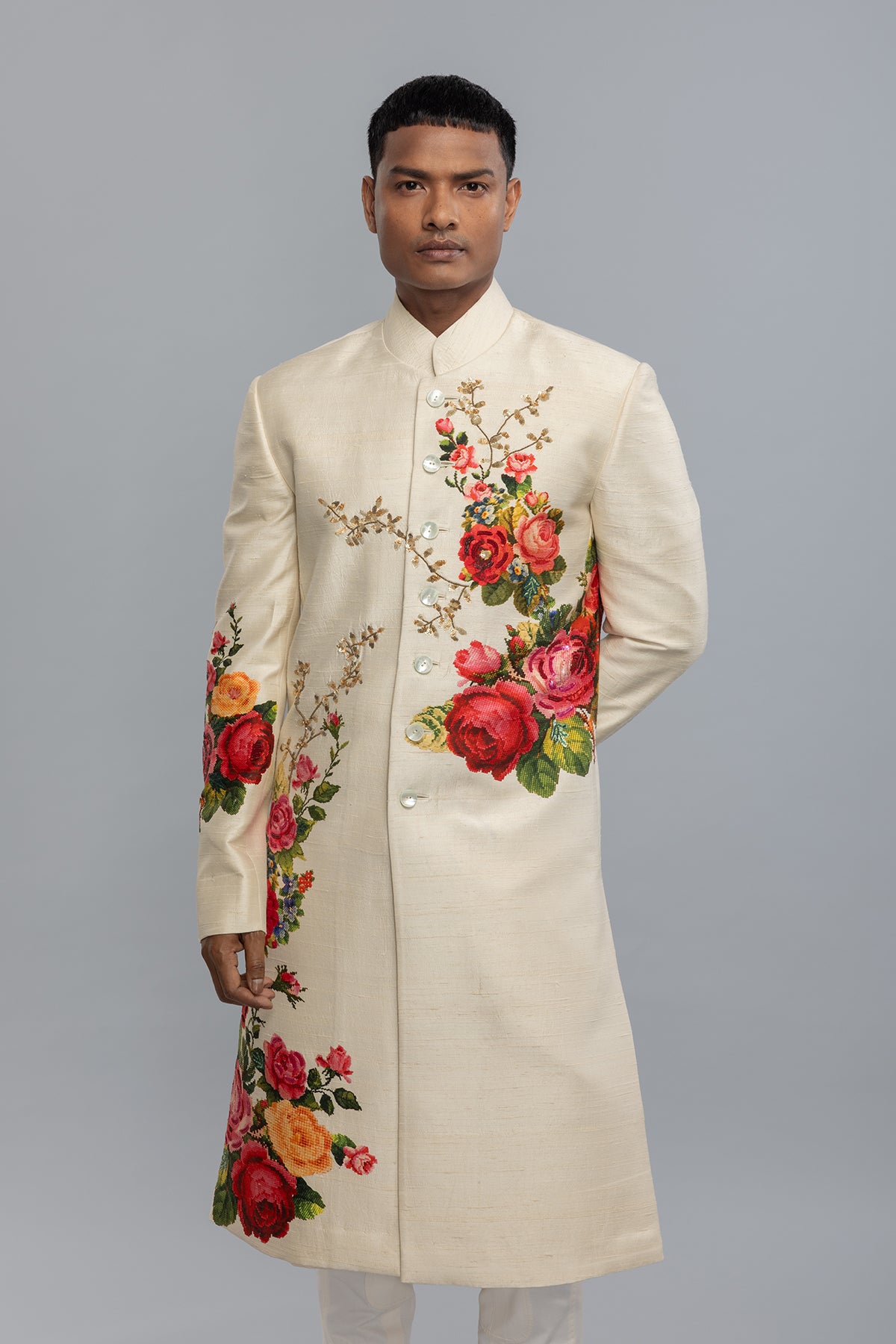 Men's  Ivory Matka Silk Sherwani with Floral Print & Embroidery