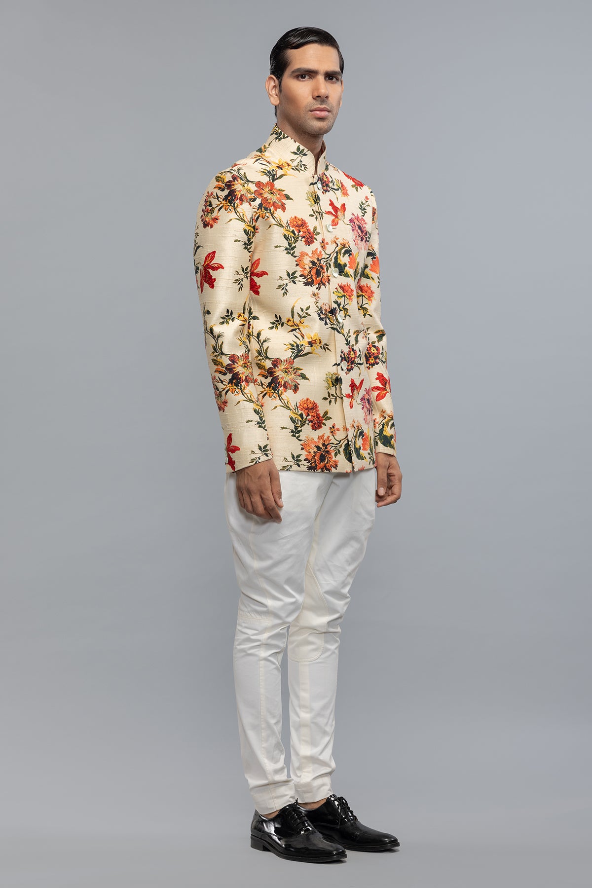 Men's Black Floral Printed Dupion Silk Badhgala