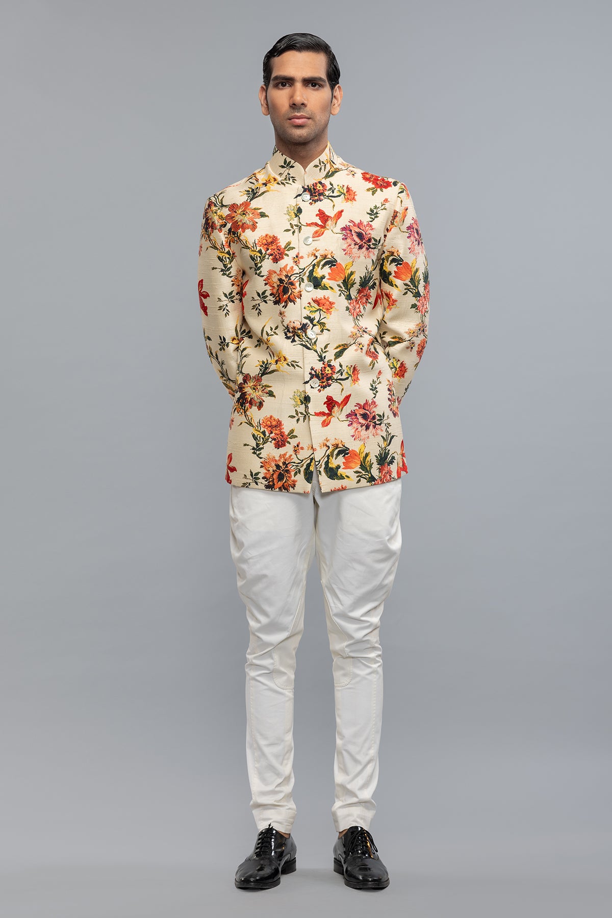 Men's Black Floral Printed Dupion Silk Badhgala
