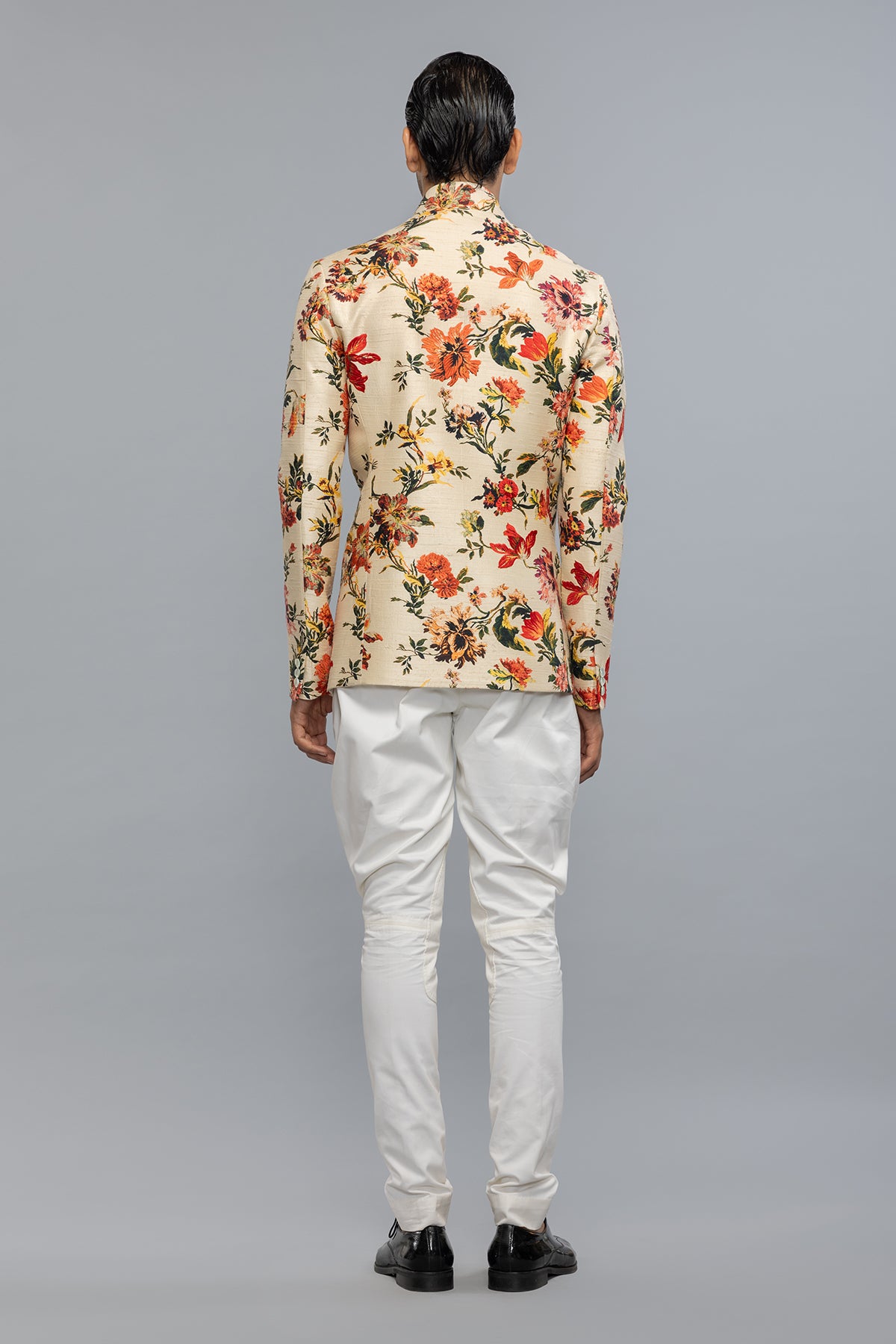 Men's Black Floral Printed Dupion Silk Badhgala