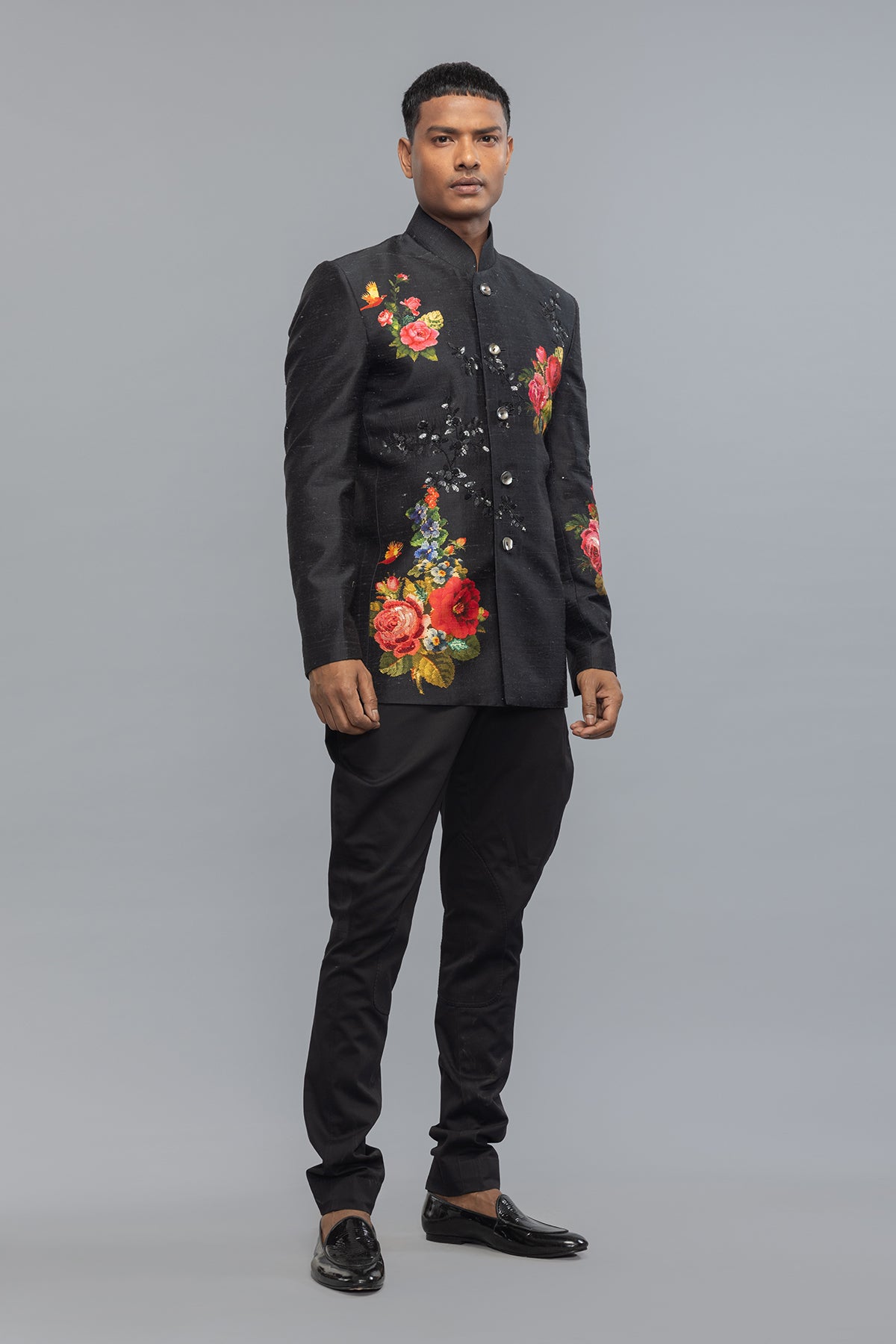 Men's Black Floral Printed Matka Silk Badhgala with Embroidery