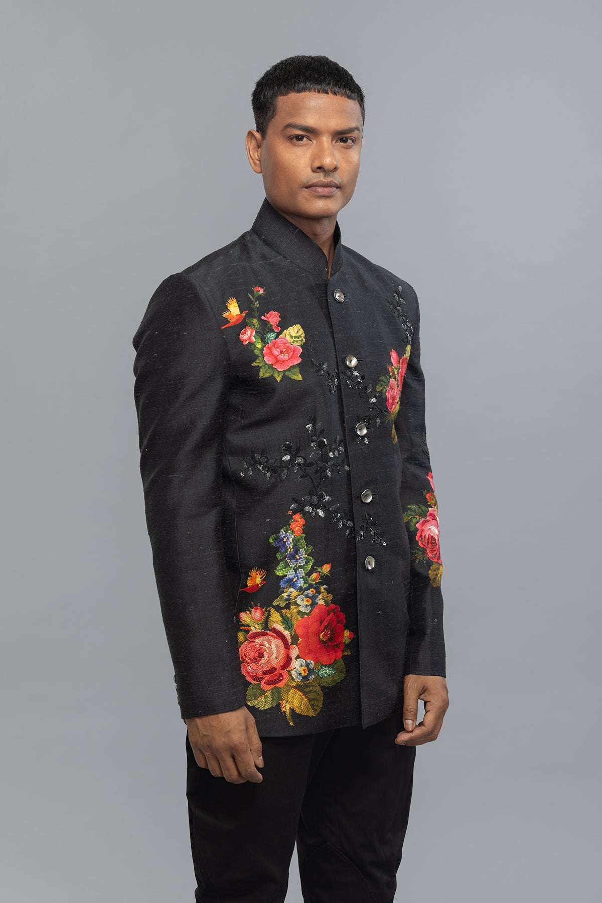 Men's Black Floral Printed Matka Silk Badhgala with Embroidery