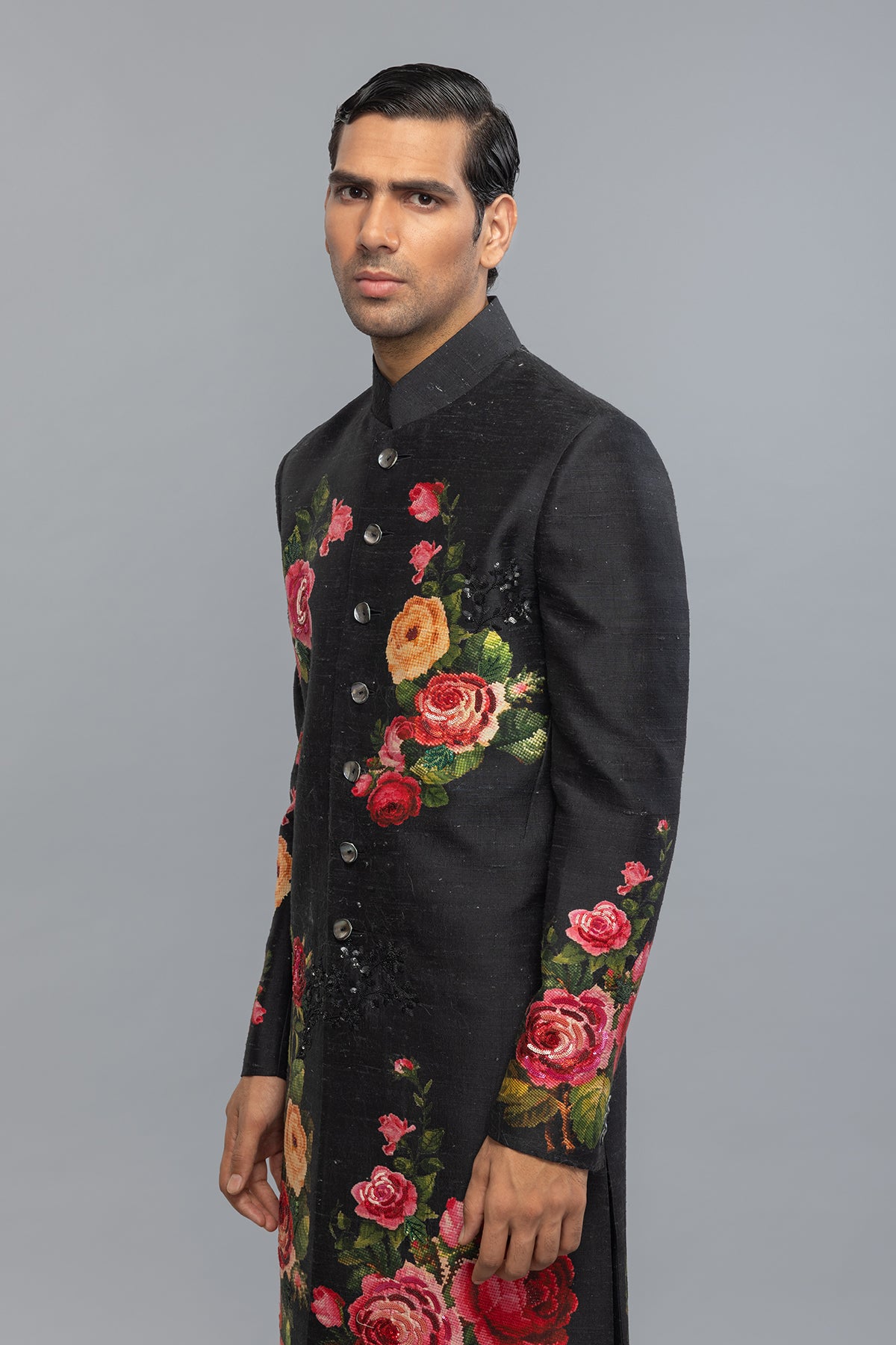 Men's  Black Matka Silk Sherwani with Floral Print & Embroidery