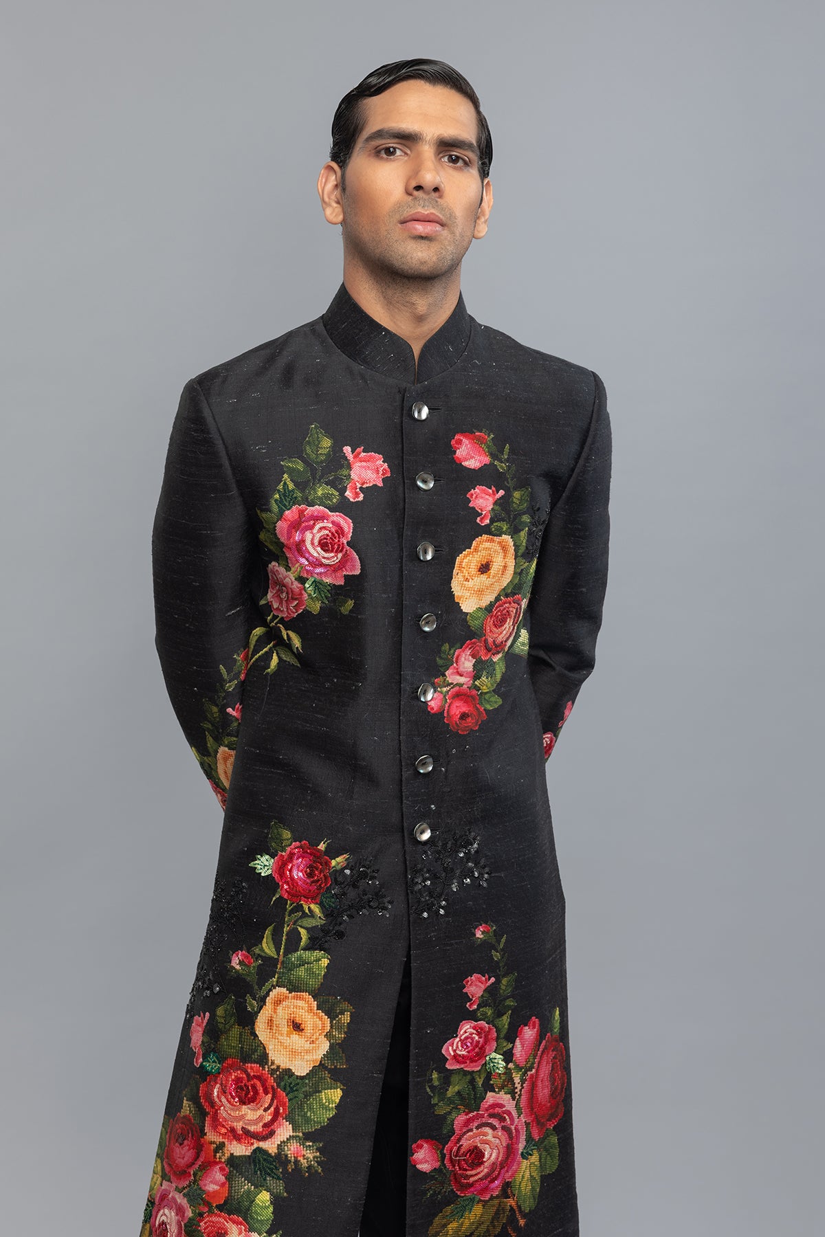 Men's  Black Matka Silk Sherwani with Floral Print & Embroidery