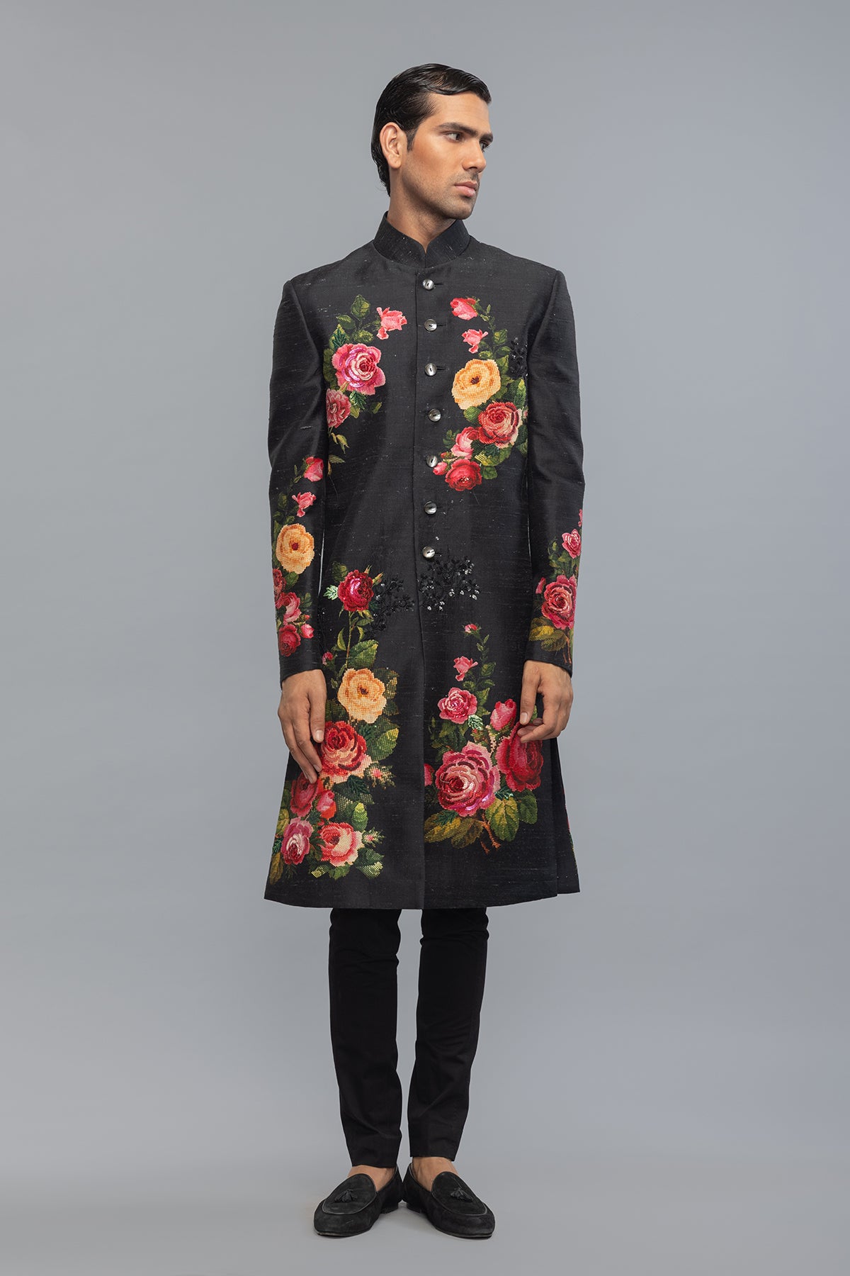 Men's  Black Matka Silk Sherwani with Floral Print & Embroidery