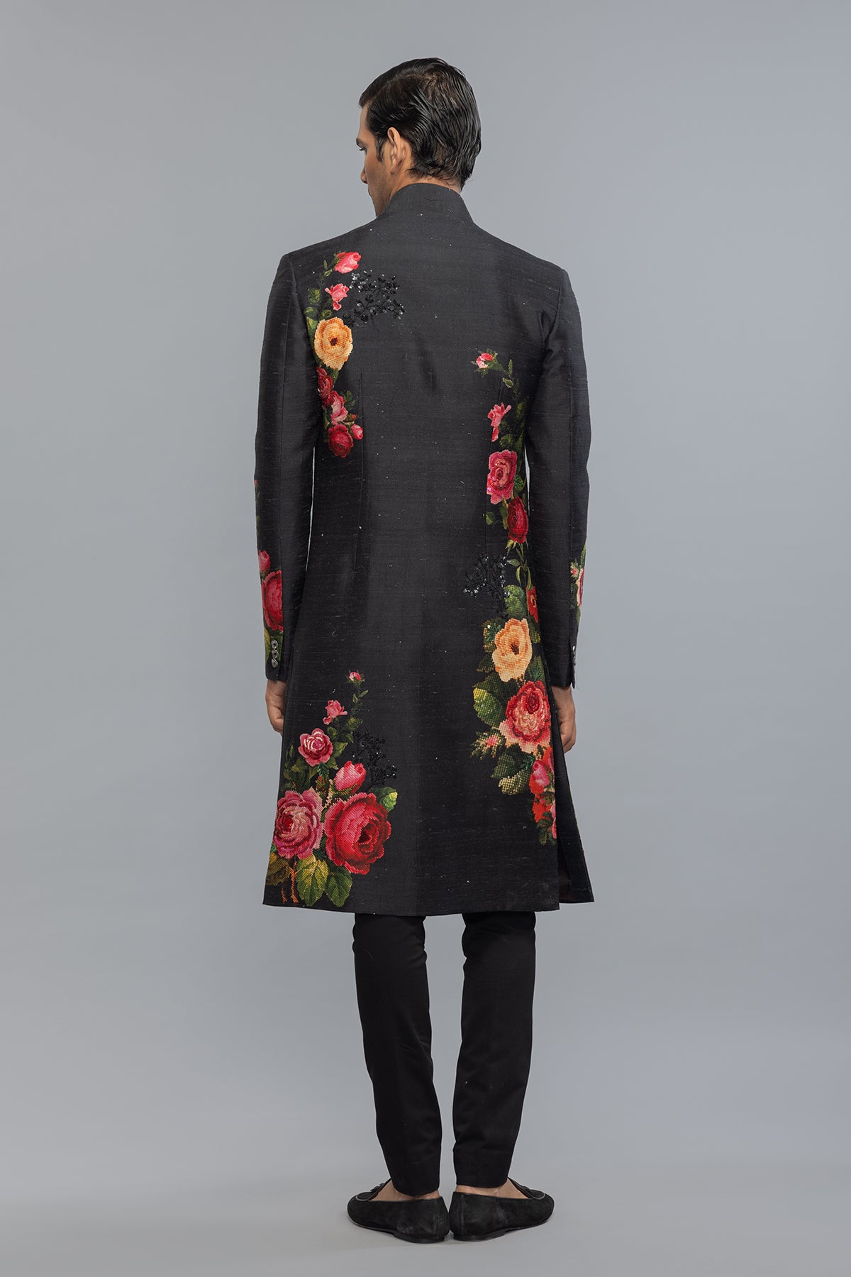 Men's  Black Matka Silk Sherwani with Floral Print & Embroidery